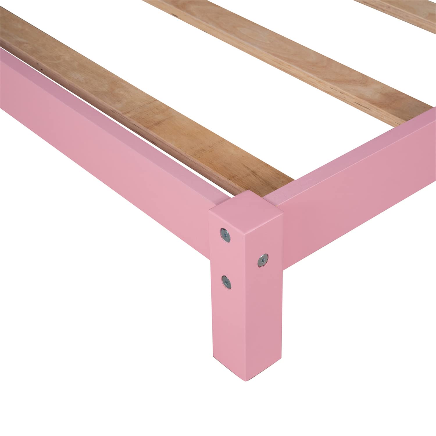Pink Twin Size Platform Bed with House-Shaped Headboard - Low Profile Wooden Slat Support Bed Frame for Kids, Boys & Girls - Perfect for Bedrooms, Playrooms & Dorm Rooms