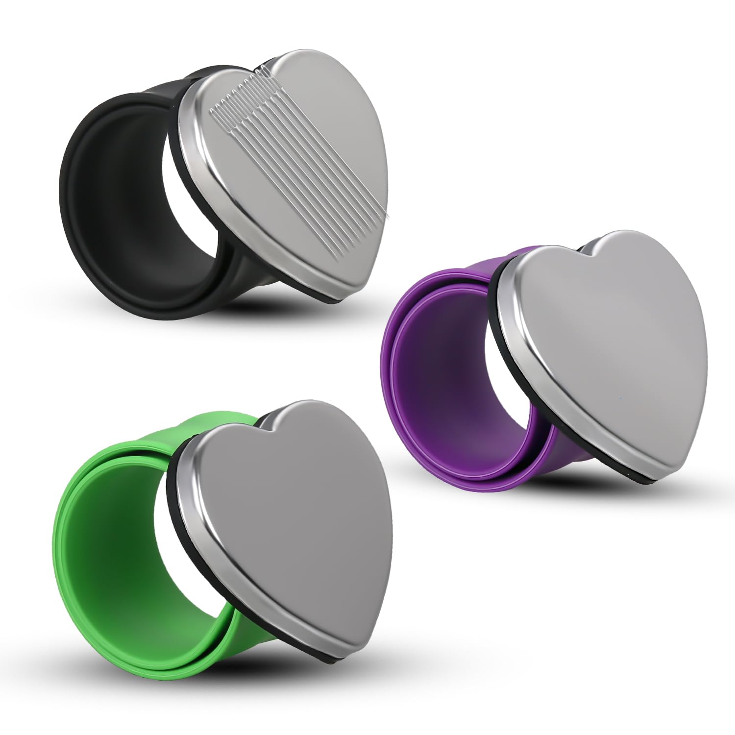 3 Packs Magnetic Pin Holder Wristband - Purple Green Black Silicone Wristband for Sewing Pins, Hair Clips & Styling | Secure & Convenient Magnetic Wristband for Crafting, DIY Projects & Hair Salons (Heart Shape)