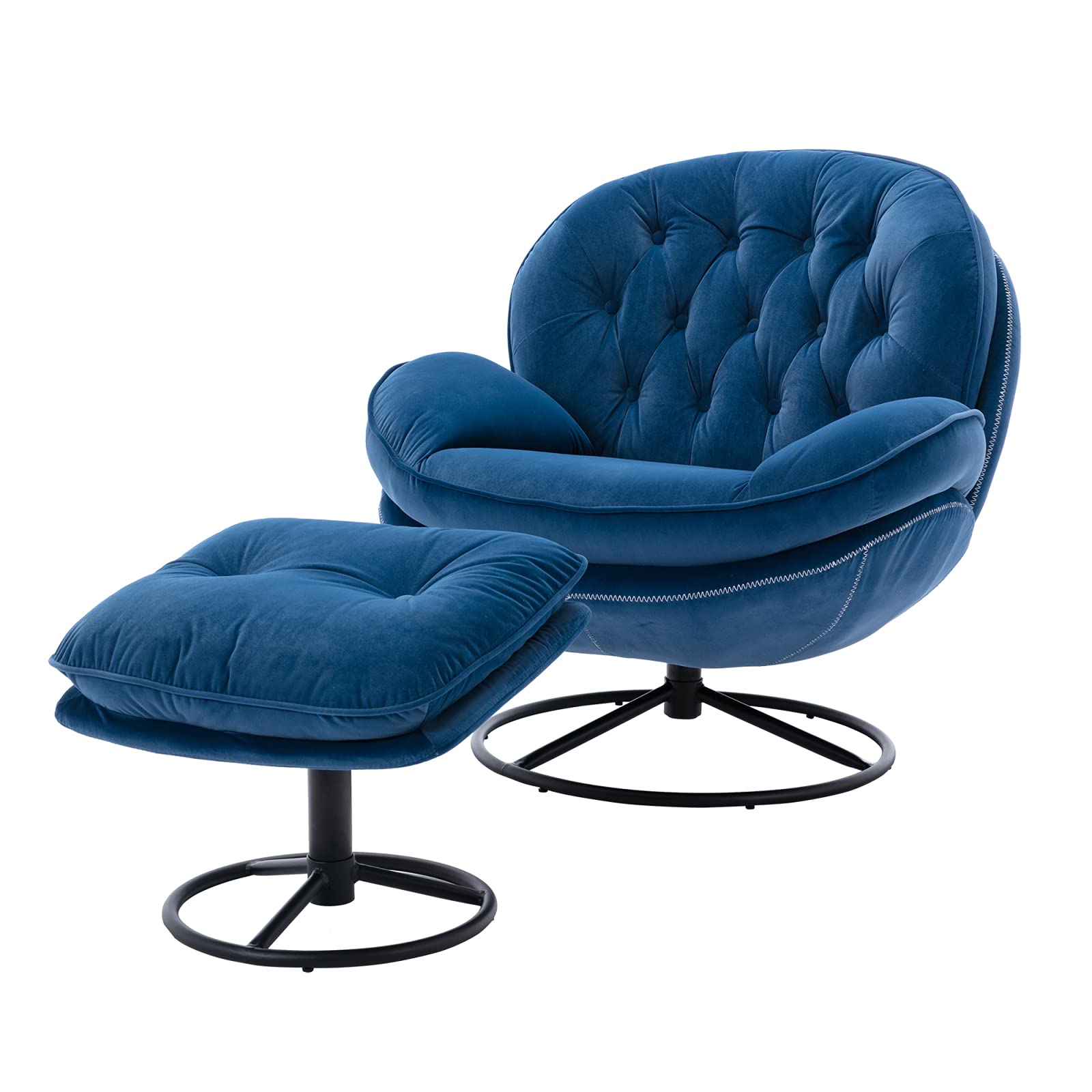 Velvet Swivel Accent Chair with Ottoman - Modern Upholstered Lounge Chair with Round Metal Legs for Living Room, Bedroom, Office - Small Space Furniture (Blue) | Perfect for Reading Nook, Cozy Corner & Apartment Decor
