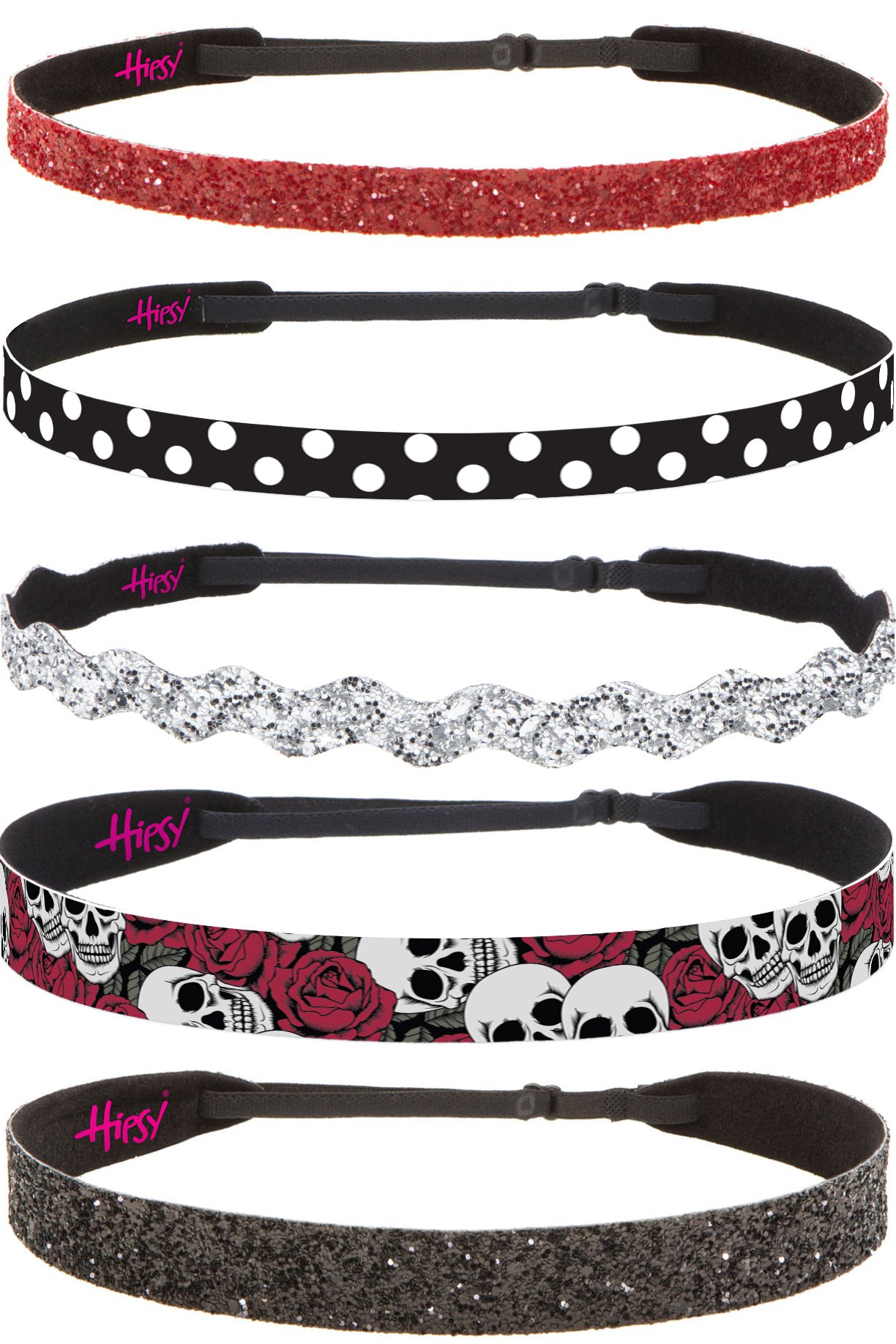 Hipsy Adjustable No Slip Bling Glitter & Fashion Printed Headbands for Women, Girls & Teens - Mixed 5-Pack (Red Multi) - Perfect for Sports, Workouts, School, and Everyday Fashion Accessories