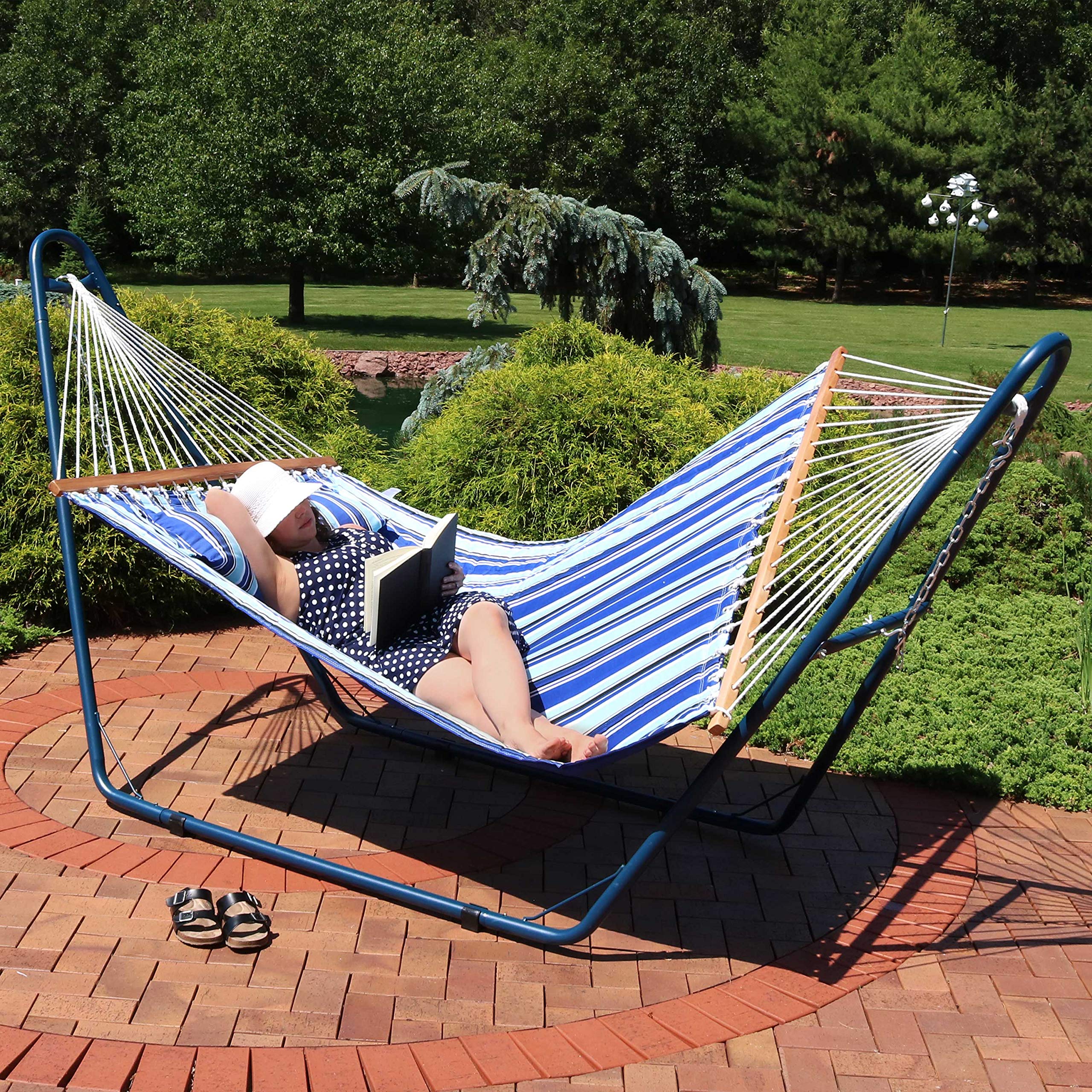 Sunnydaze Double Quilted Fabric Hammock with Universal Steel Stand - 450 lb Weight Capacity - Blue Stand - Catalina Beach Pattern - Perfect for Backyard, Patio, Poolside & Beach Relaxation