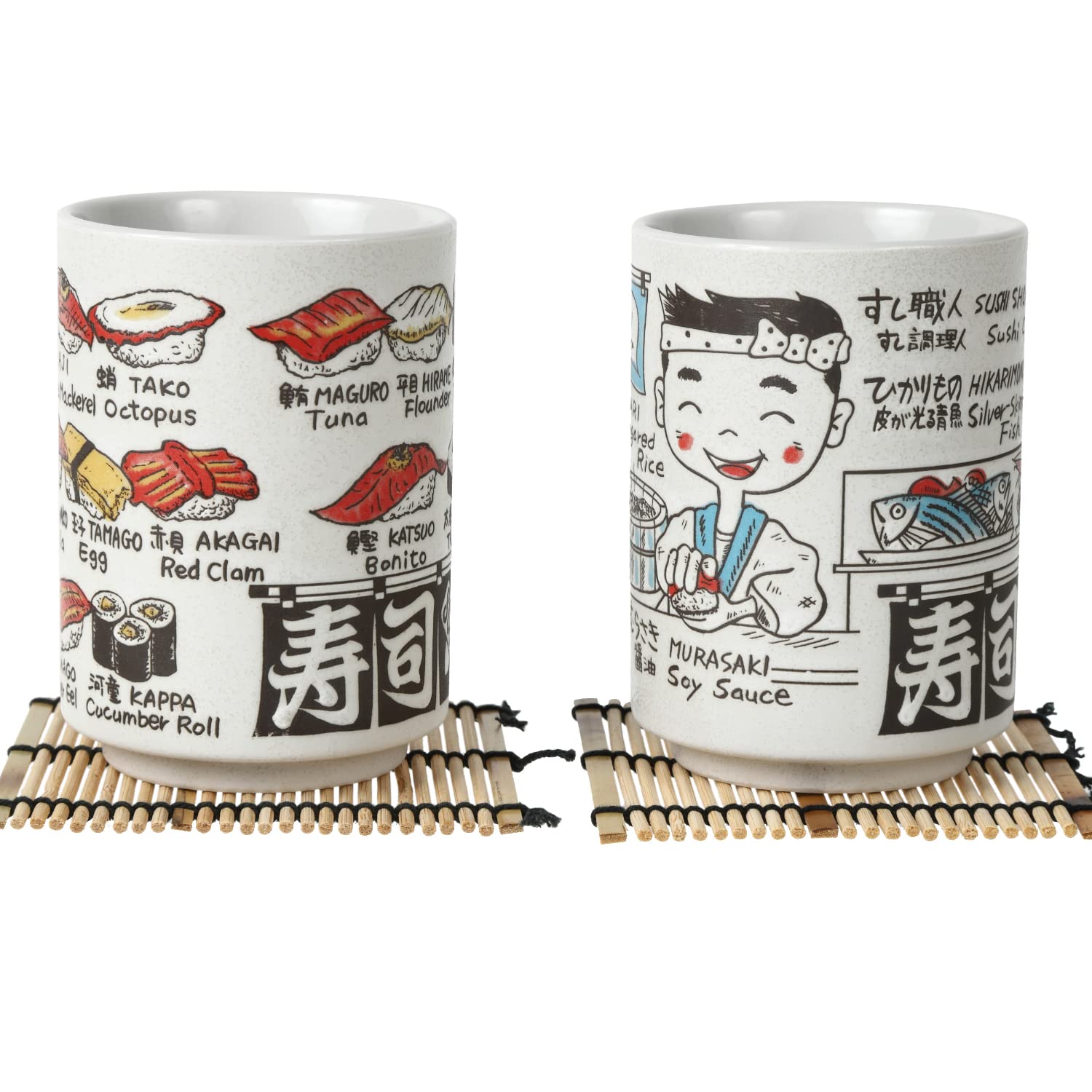 Premium Japanese Tea Cups Set of 2 - Authentic Sushi-Yunomi Mino Ware Ceramic Cups with Bamboo Coaster - Perfect for Sushi Restaurants, Tea Ceremonies & Asian Home Decor