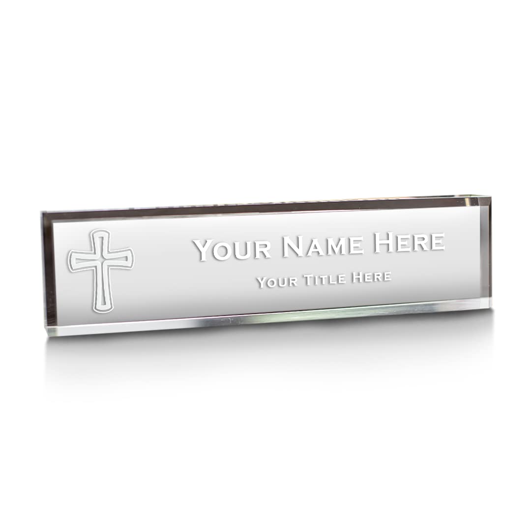 Personalized Acrylic Desk Sign with Cross Design - Church Themed Office Decor (2 x 10 Inch) - Perfect for Pastor's Desk, Christian Gifts & Church Events