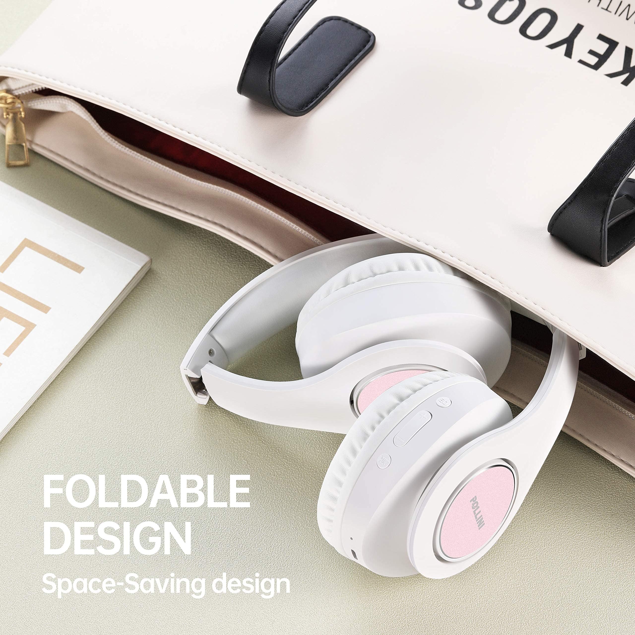 Pollini Wireless Bluetooth Headphones - 40H Playtime, Foldable Over-Ear Headset with Mic & Deep Bass Stereo - Soft Memory-Protein Earmuffs for iPhone/Android/PC - Perfect for Workouts, Commuting & Gaming (White)