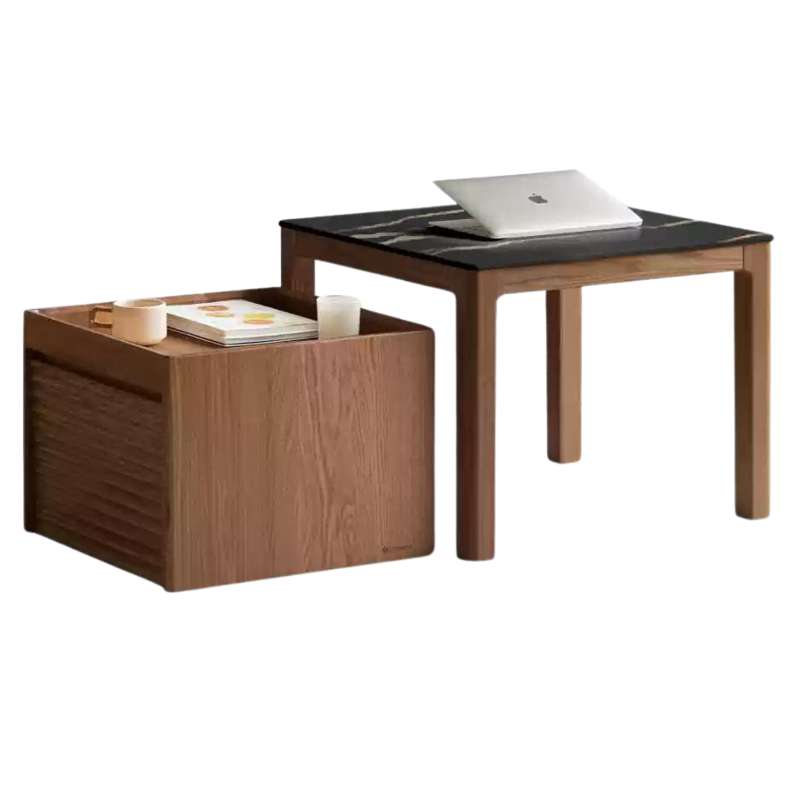 24x24x18.8 inch / 61.4x61.4x48cm / Rich black walnut color / Black walnut rock board Coffee table + Coffee cabinet