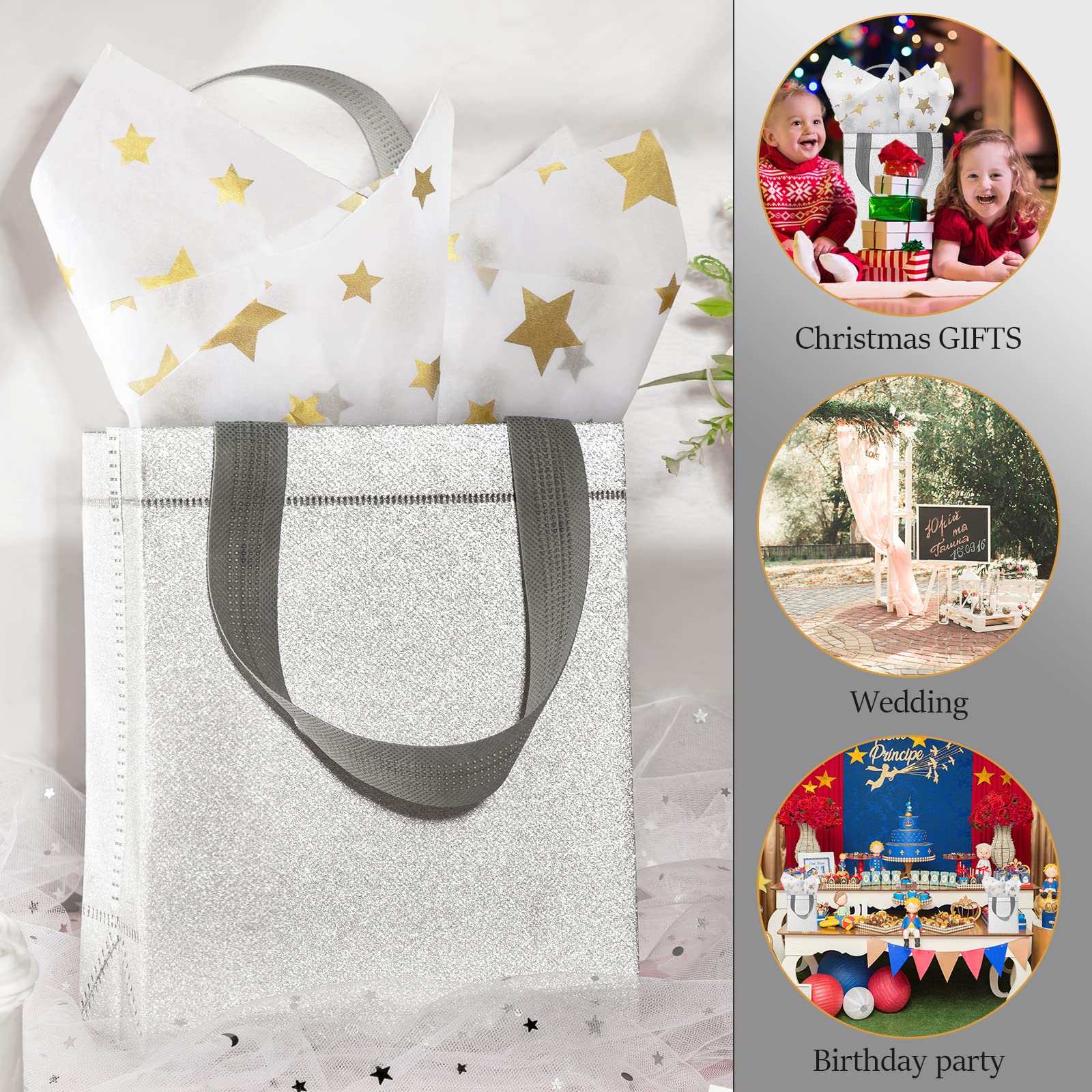 48 Pack Silver Glitter Wedding Favor Bags with Handles - 6.5x3.1x7.8 Inch Reusable Non-Woven Tote Gift Bags for Wedding, Bridal Shower, Birthday Party, Holiday & Special Events - Elegant Party Favors & Goodie Bags