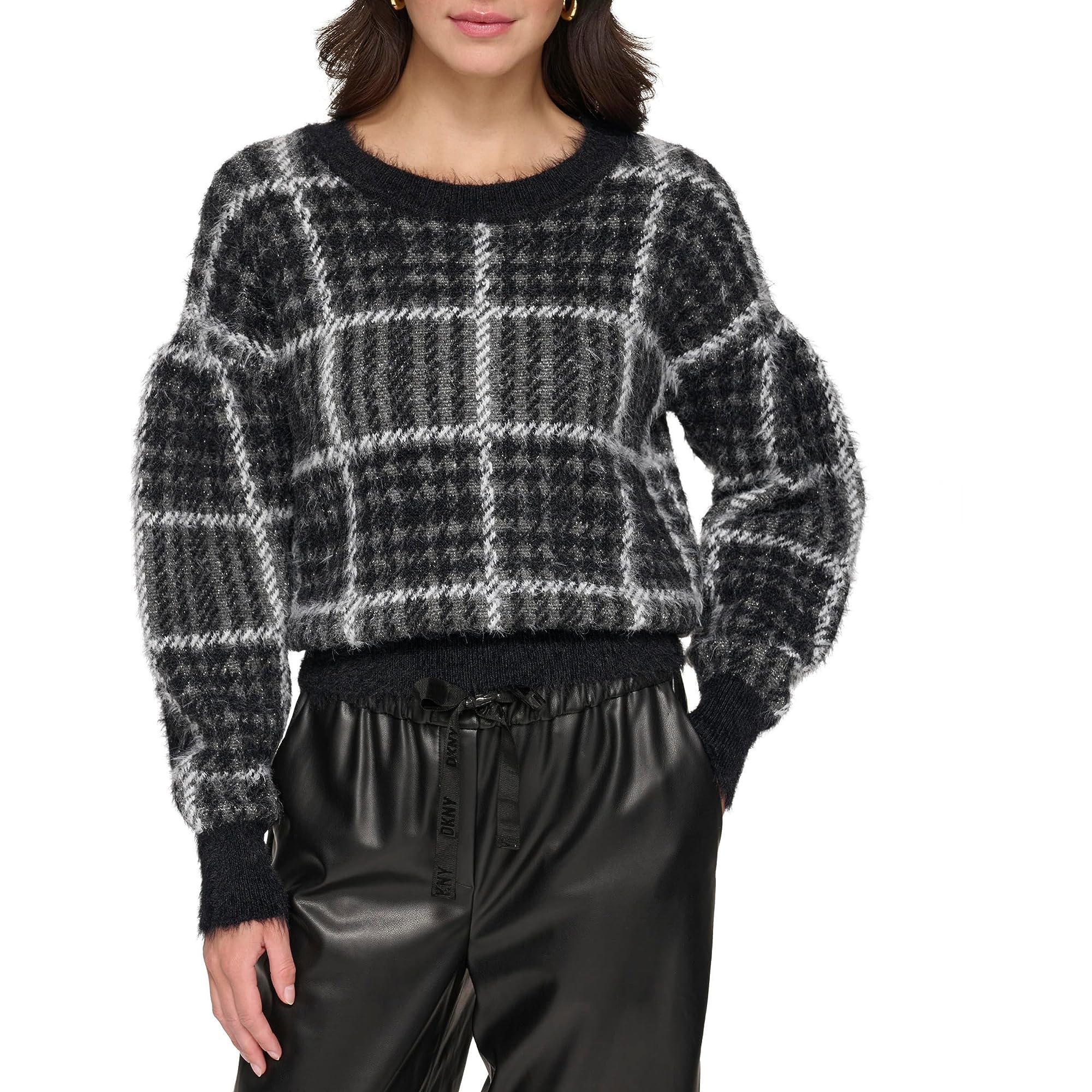 DKNY Women's Long Sleeve Plaid Sweater - Classic Box Pattern Pullover for Fall & Winter | Casual Office Wear, Date Night Outfits, Holiday Layering