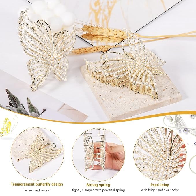 1 Pcs Butterfly Pearl Hair Claw Clips - Large Non-Slip Strong Hold Hair Jaw Clips with Bling Pearls - Elegant Hair Accessories for Women & Girls - Perfect for Weddings, Parties & Everyday Styling