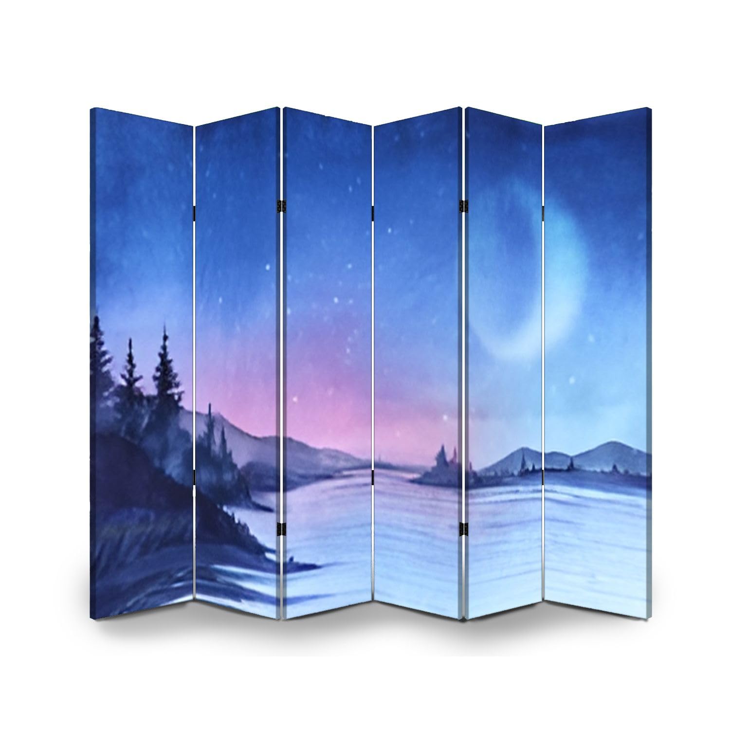 6-Panel Folding Room Divider with Evening Landscape Forest Lake Design - Freestanding Privacy Screen for Home Office, Bedroom Partition & Indoor Space Separator - Perfect for Creating Private Workspaces, Nursery Dividers, and Studio Protection