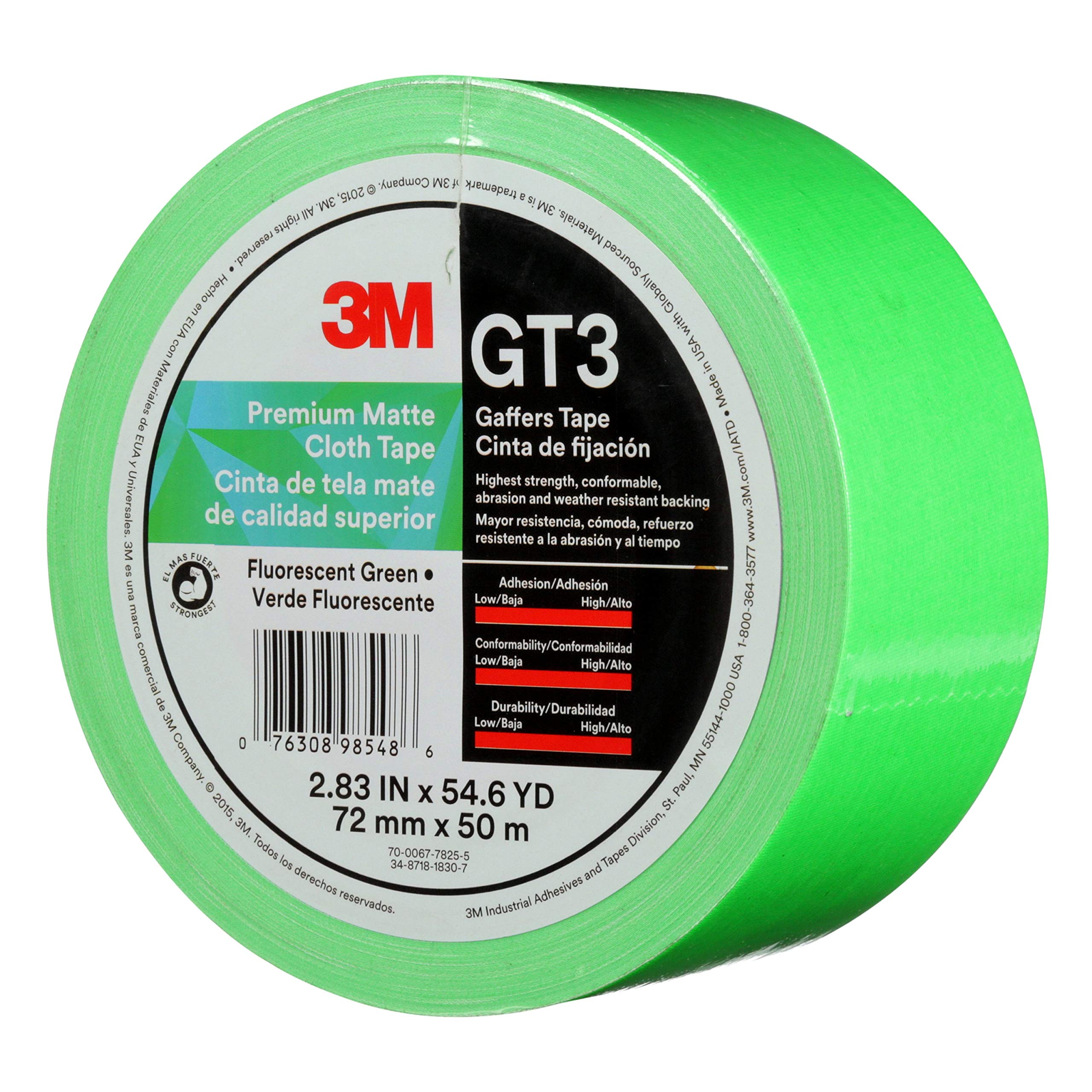 3M 98548 High Visibility Fluorescent Green Safety Tape - 72mm x 50m (11 mil Thick) - GT3 Grade Reflective Tape for Industrial, Warehouse & Construction Safety Marking