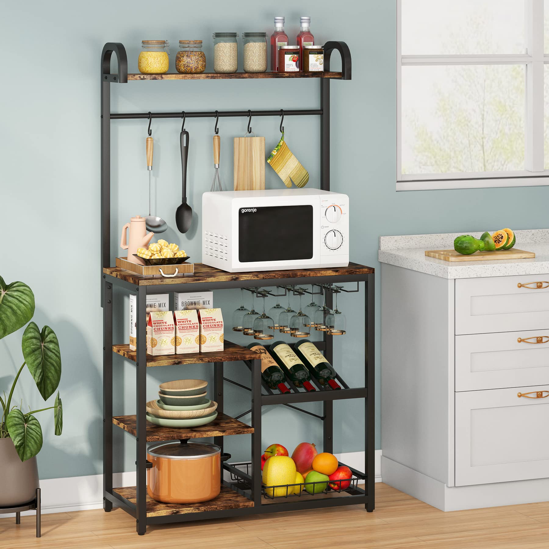 TIYASE 5-Tier Kitchen Baker’s Rack with Hutch, Wire Basket & Wine Storage - Freestanding Microwave Stand with Glass Holder & Hooks - Rustic Brown Kitchen Organizer Shelf for Small Spaces, Dining Room & Apartment Storage