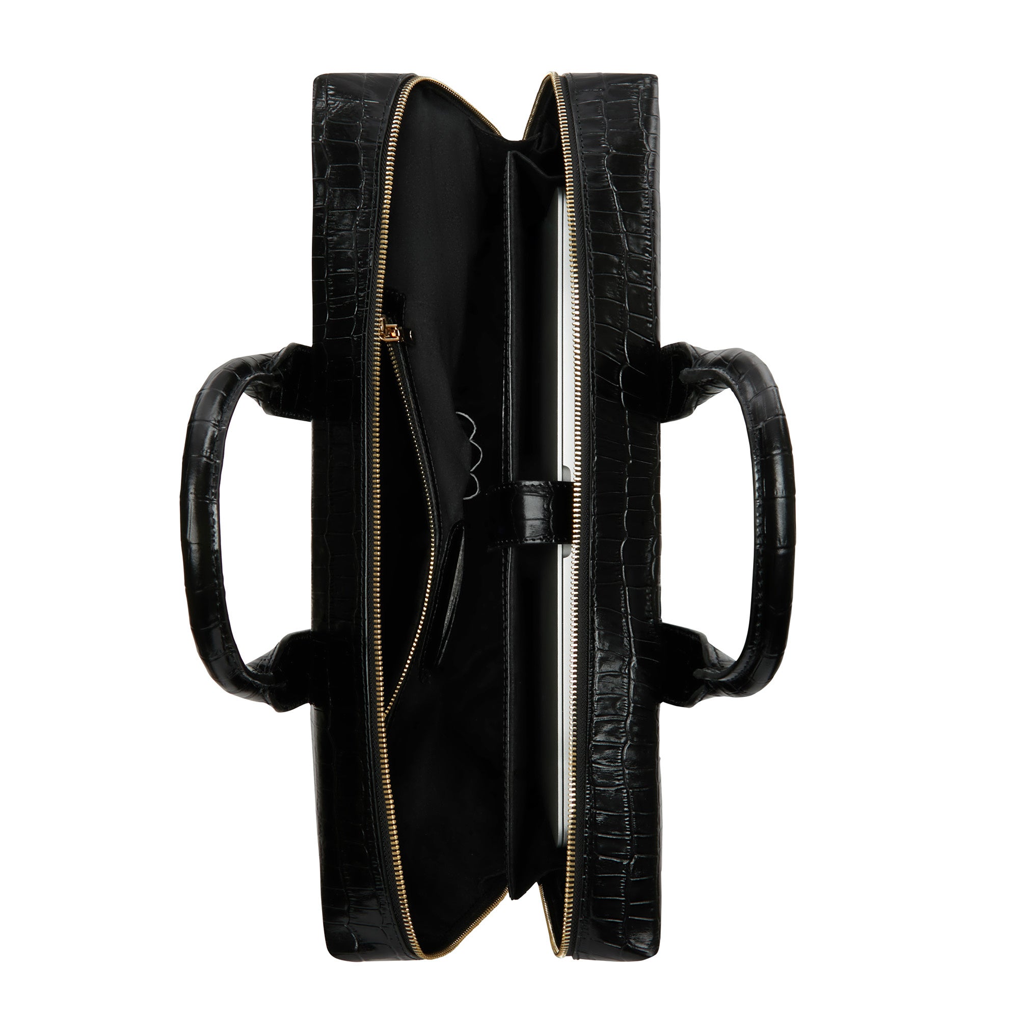 Honoré Anique Crocodile Embossed Black Leather Handbag with 16.4