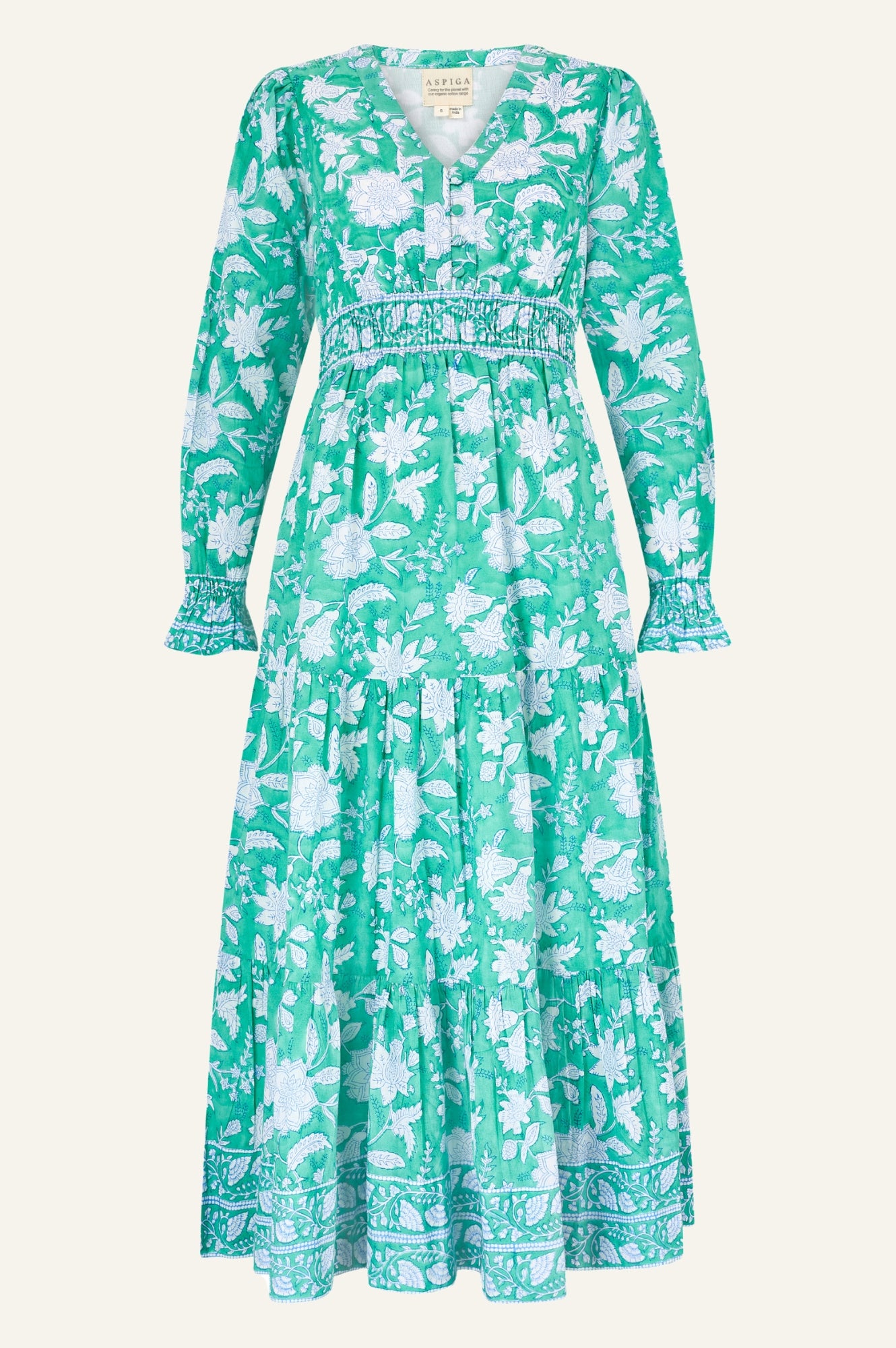 Billie Organic Cotton Block Print Dress - Lotus Green & Blue | Boho Chic Summer Dress for Women | Perfect for Beach, Vacation & Casual Outings