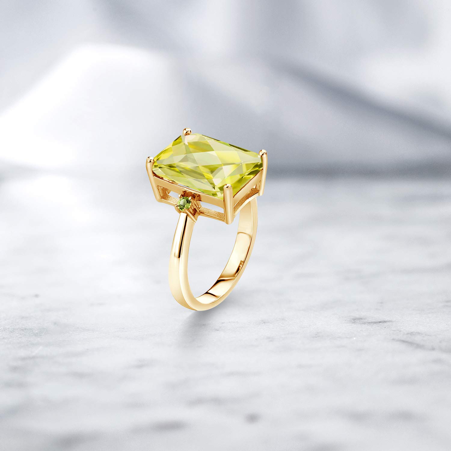 18K Gold Plated Lemon Quartz & Peridot Birthstone Ring for Women - 6.95cttw Emerald Cut (14x10mm) in Sizes 5-9 | Elegant Jewelry Gift for Birthday, Anniversary & Special Occasions