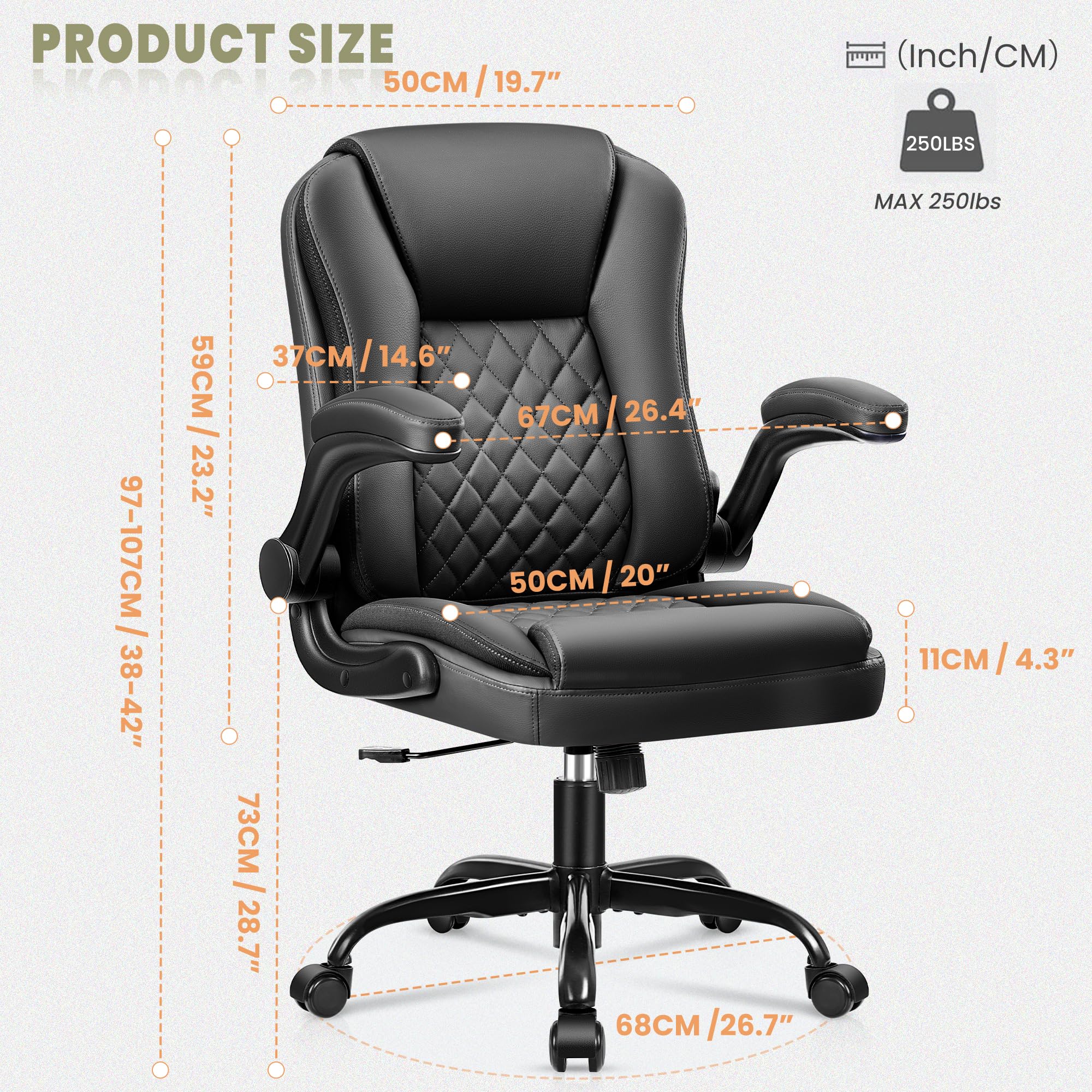 Premium Ergonomic Leather Executive Office Chair with Lumbar Support, Swivel & Wheels - Adjustable Flip-Up Armrests Black for Home Office, Computer Desk & Workspace Comfort