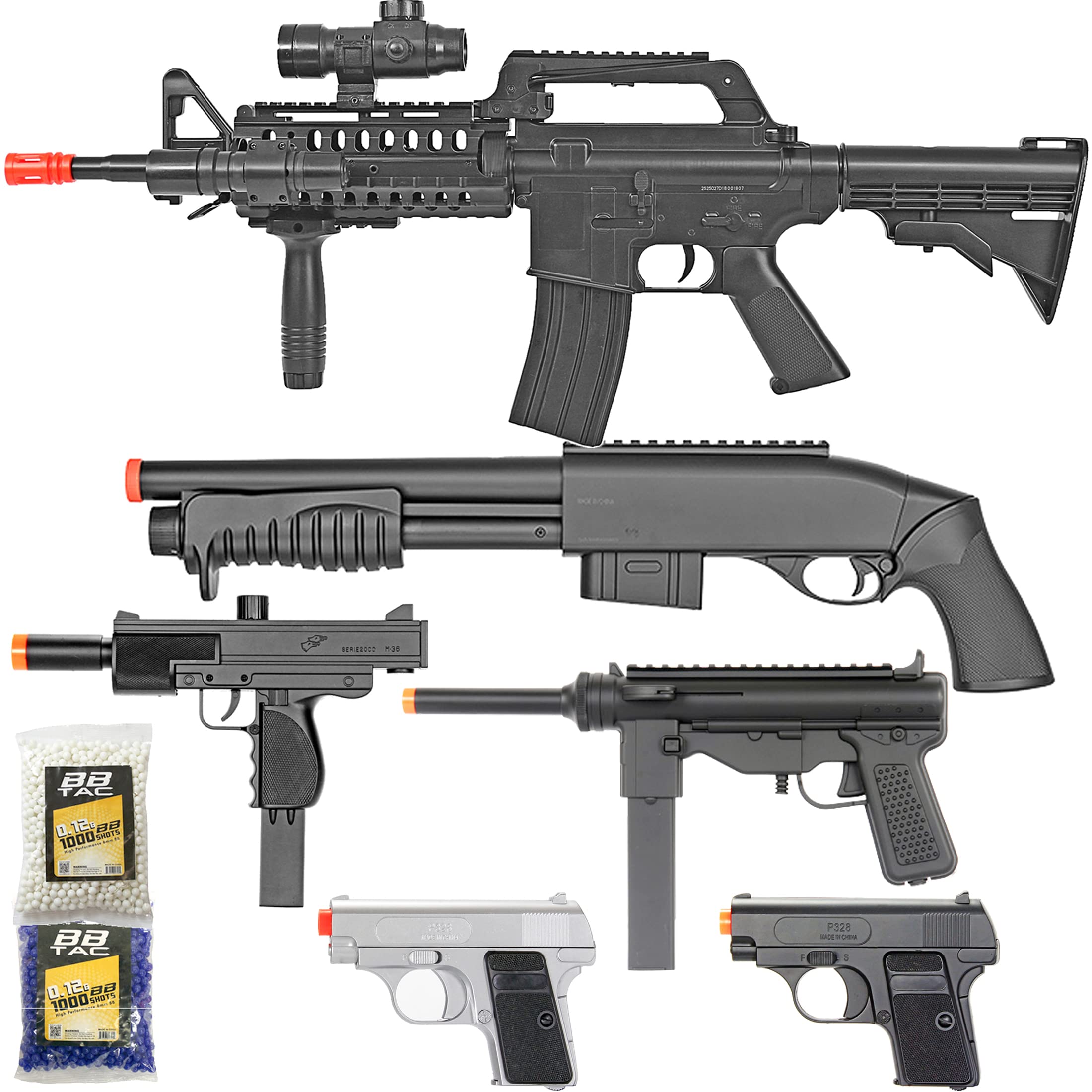 BBTac Airsoft Gun Package - Dark Ops Collection - Powerful Spring Rifles, Shotguns, SMGs, Pistols with BBs - Perfect Starter Kit for Outdoor Shooting, Tactical Training & Airsoft Battles