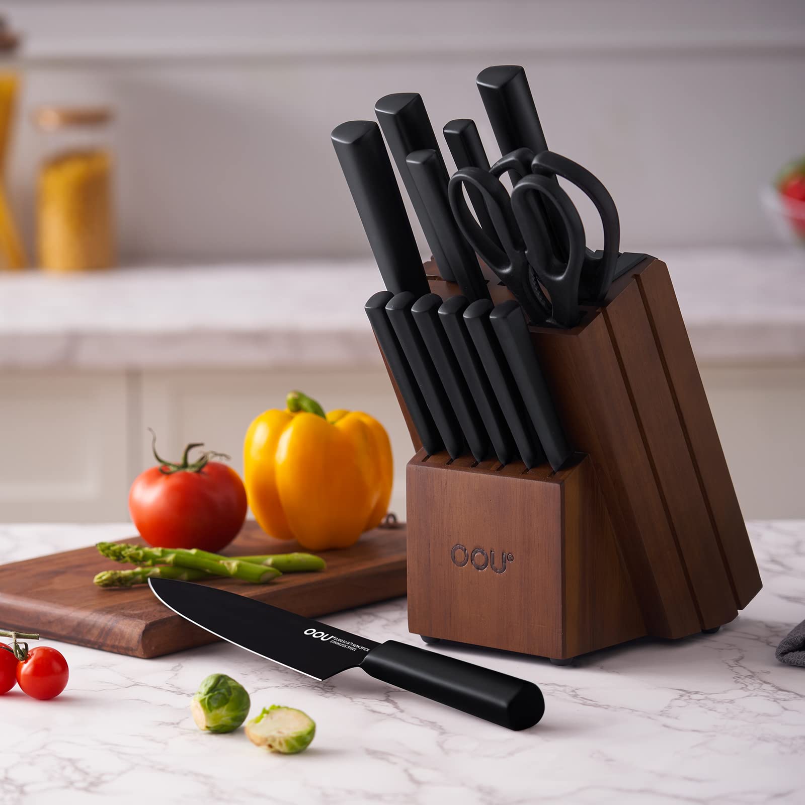 OOU 15-Piece High Carbon Stainless Steel Kitchen Knife Block Set - Professional Chef Knives with Anti-Rust Black Blades & Built-in Sharpener, Walnut Wood Stand - Perfect for Home Cooking, Restaurant Use & Gift Giving