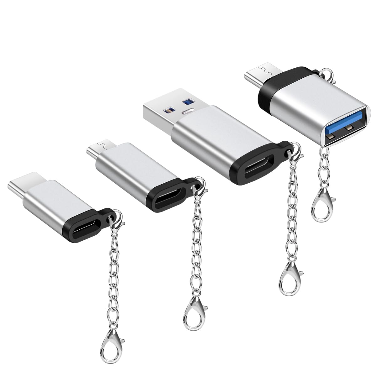 4-Pack USB C Adapter Set - Micro USB to USB C, USB C to USB-A, USB C Converter & OTG Adapter - Compatible with Huawei Mate, Galaxy, LG (Silver) - Perfect for Travel, Office & Device Charging