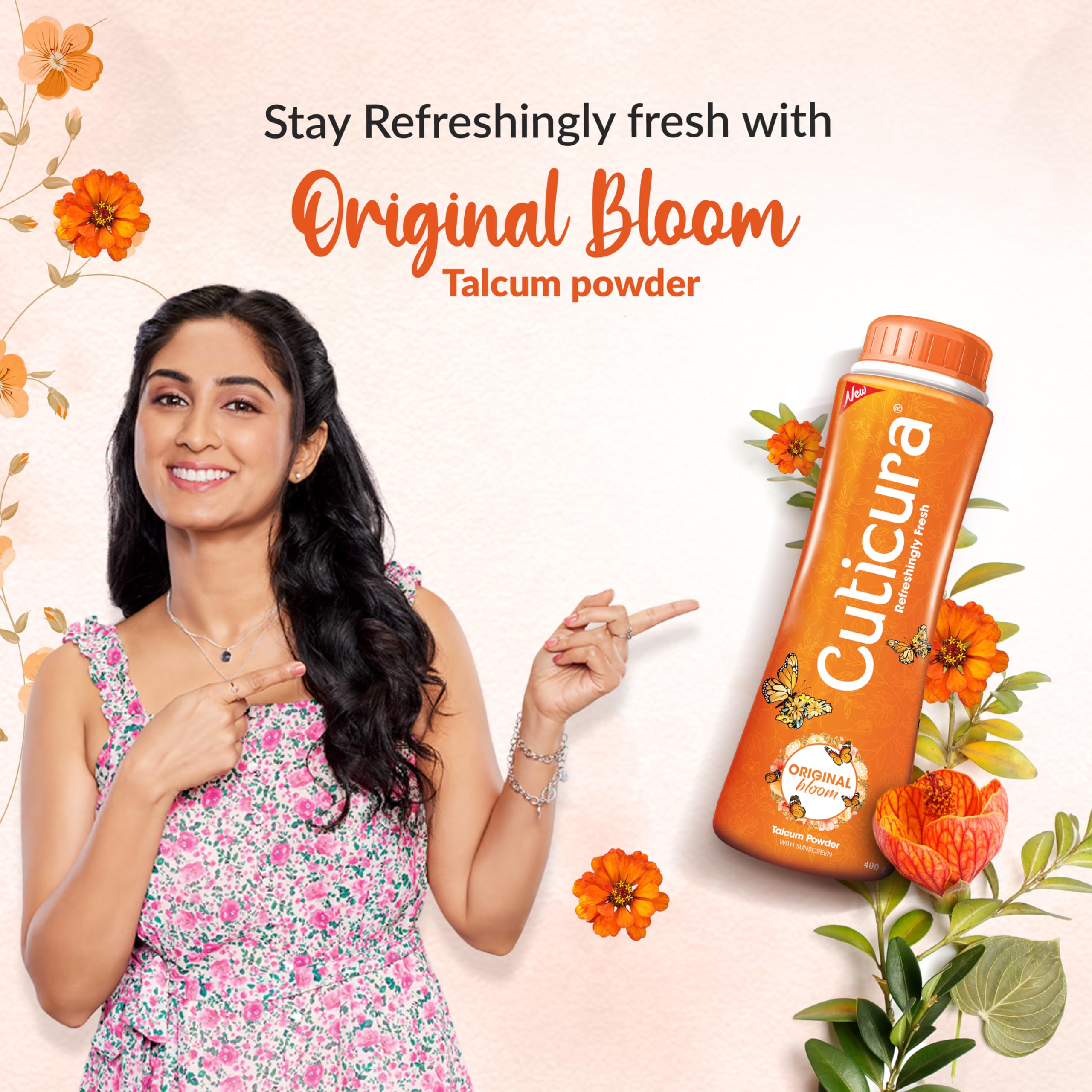 Cuticura Original Bloom Talcum Powder with Sunscreen 400g | Odor Control & Long-Lasting Fragrance | 100% Vegan & Cruelty-Free | Refreshingly Fresh Talc for Daily Use, Gym, Travel & Post-Shower Comfort