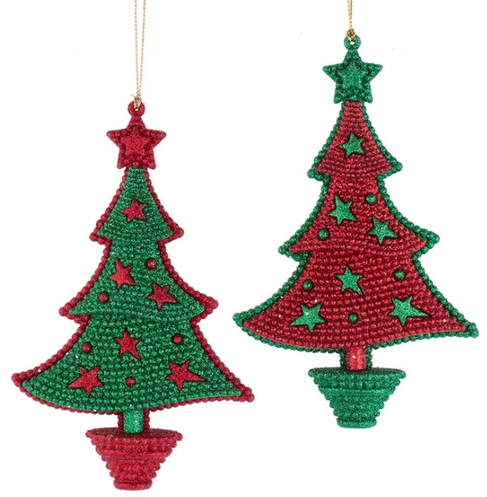 5.5 Inch Glittered Red and Green Christmas Tree Ornament - Festive Holiday Decor for Xmas Tree, Home, Party & Gifts