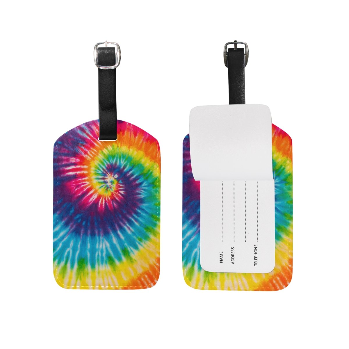 Colorful Tie Dye Printed PU Leather Luggage Tag - Waterproof Travel Suitcase ID Identifier Baggage Label for Airports, Cruises & Vacation Trips