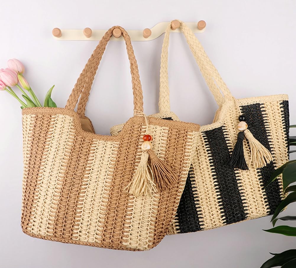 Stylish Women's Tassel Straw Beach Tote Bag - Large Woven Summer Handbag with Zipper & Pom Poms | Perfect for Beach Vacations, Pool Parties, and Summer Outings