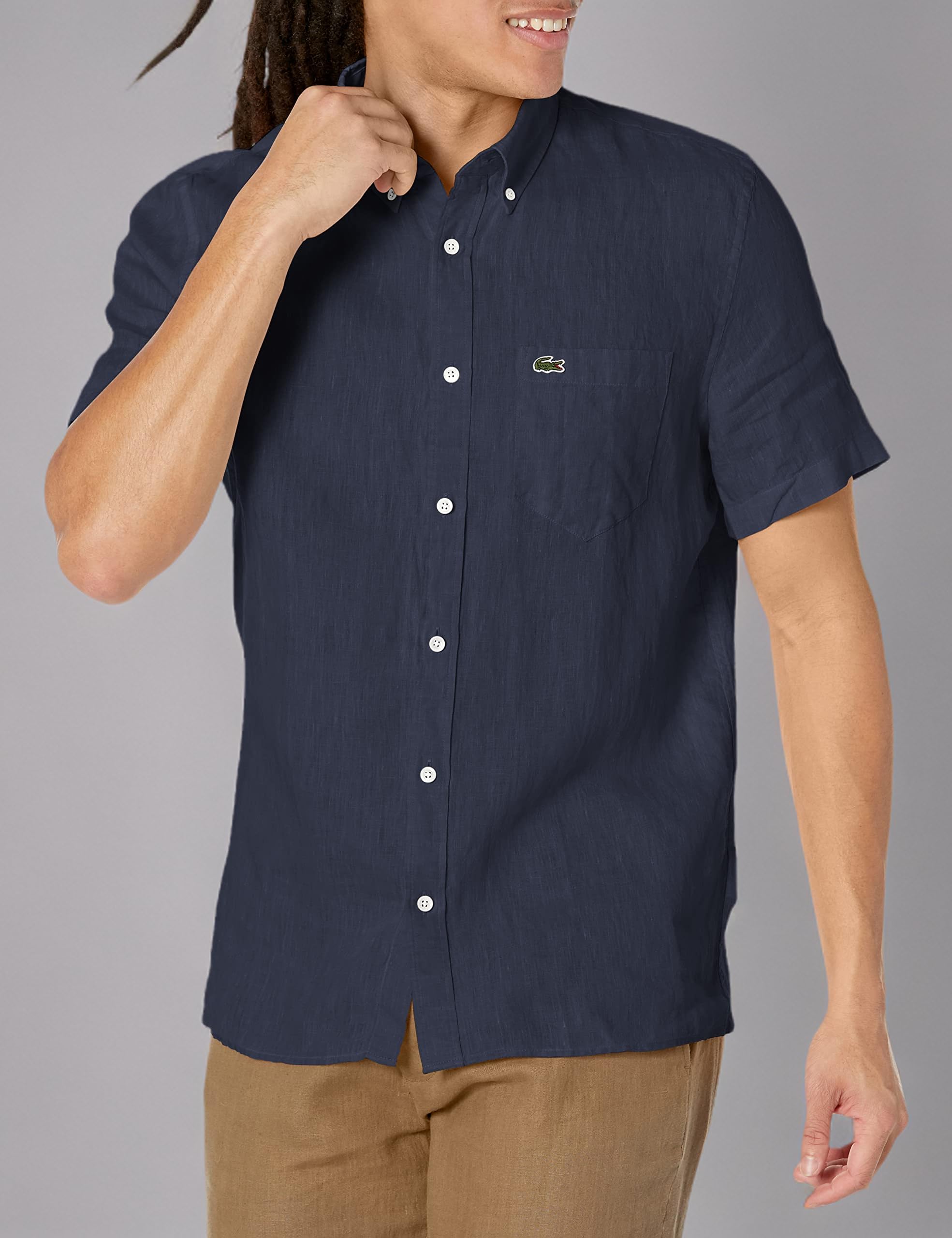 Lacoste Men's Short Sleeve Linen Button Down Shirt | Classic Regular Fit with Front Pocket | Casual Summer Wear, Office & Vacation Outfits