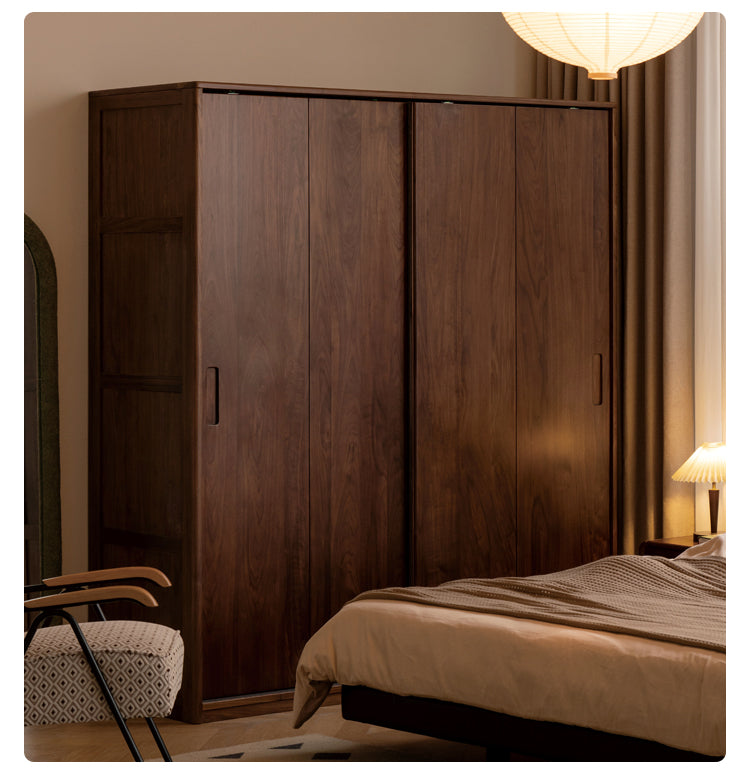Premium Black Walnut Solid Wood Sliding Door Wardrobe Closet - Modern Bedroom Storage Solution for Home & Office Organization