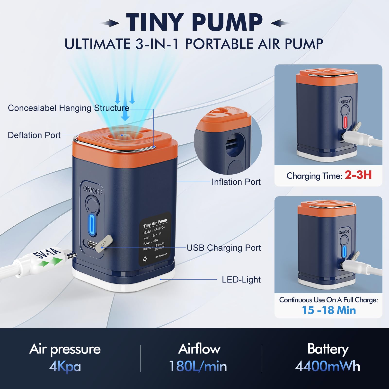 Portable Electric Air Pump for Inflatables - 2000mAh Rechargeable Battery - Fast Inflation for Air Mattress, Pool Floats, Boat Toys, Yoga Balls - Perfect for Camping, Travel & Home Use