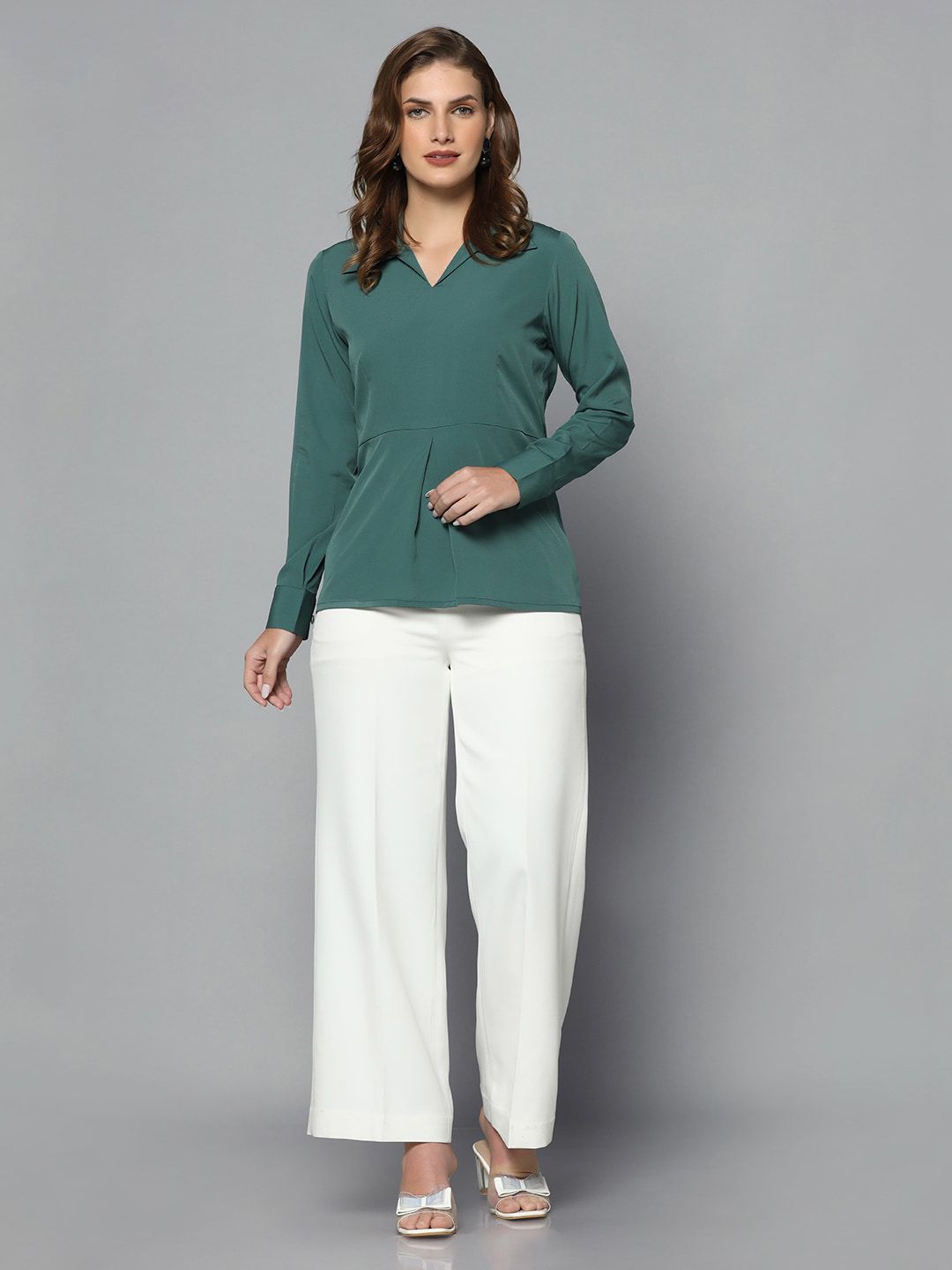 Regular Fit Collared Crepe Top for Women - Stylish Green Blouse for Office Wear & Casual Outings