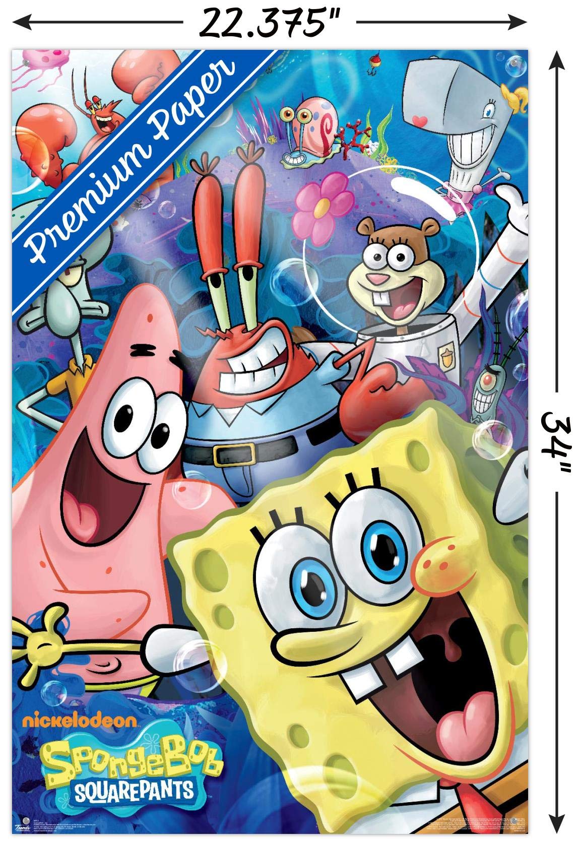 Trends International Nickelodeon SpongeBob SquarePants Joy Wall Poster - 22.37x34 Inch Premium Quality Poster with Push Pins Bundle - Perfect for Kids' Room Decor, Classroom, or Office Wall Art