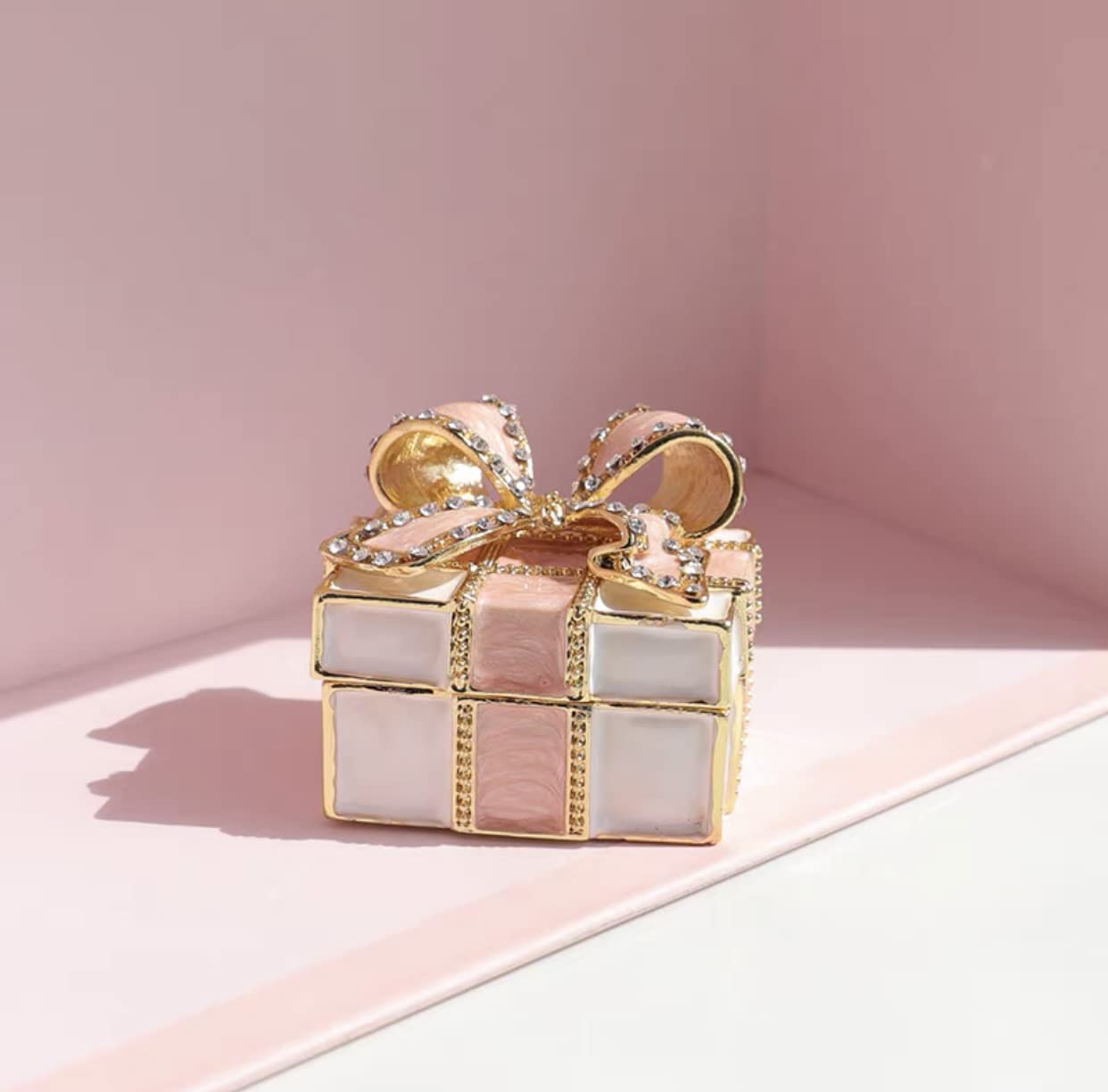 Mini Enamel Rhinestone Bow Jewelry Box - Hinged Trinket Storage Case for Rings, Necklaces & Earrings | Elegant Pink Gift for Women & Girls | Perfect for Weddings, Birthdays, Christmas & Special Occasions | Compact Jewelry Organizer for Dresser, Vanity & Travel