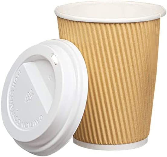 30 Pack Insulated Disposable Paper Coffee Cups 8 oz - Kraft Ripple Wall Hot Drink Cups with Lids - Perfect for Coffee Shops, Office Break Rooms & Home Use