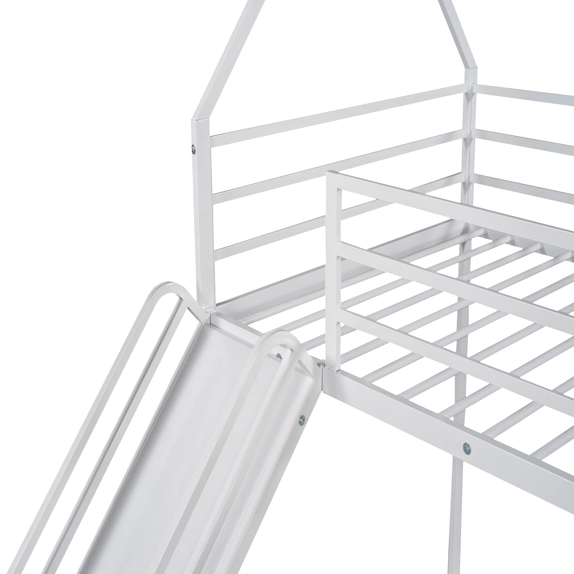 Twin Over Twin Bunk Beds with Slide - Metal House Bunk Bed for Kids & Toddlers - Floor Bunk Beds with Built-in Ladder for Boys & Girls - White - Perfect for Kids' Bedrooms, Sleepovers & Space-Saving Solutions