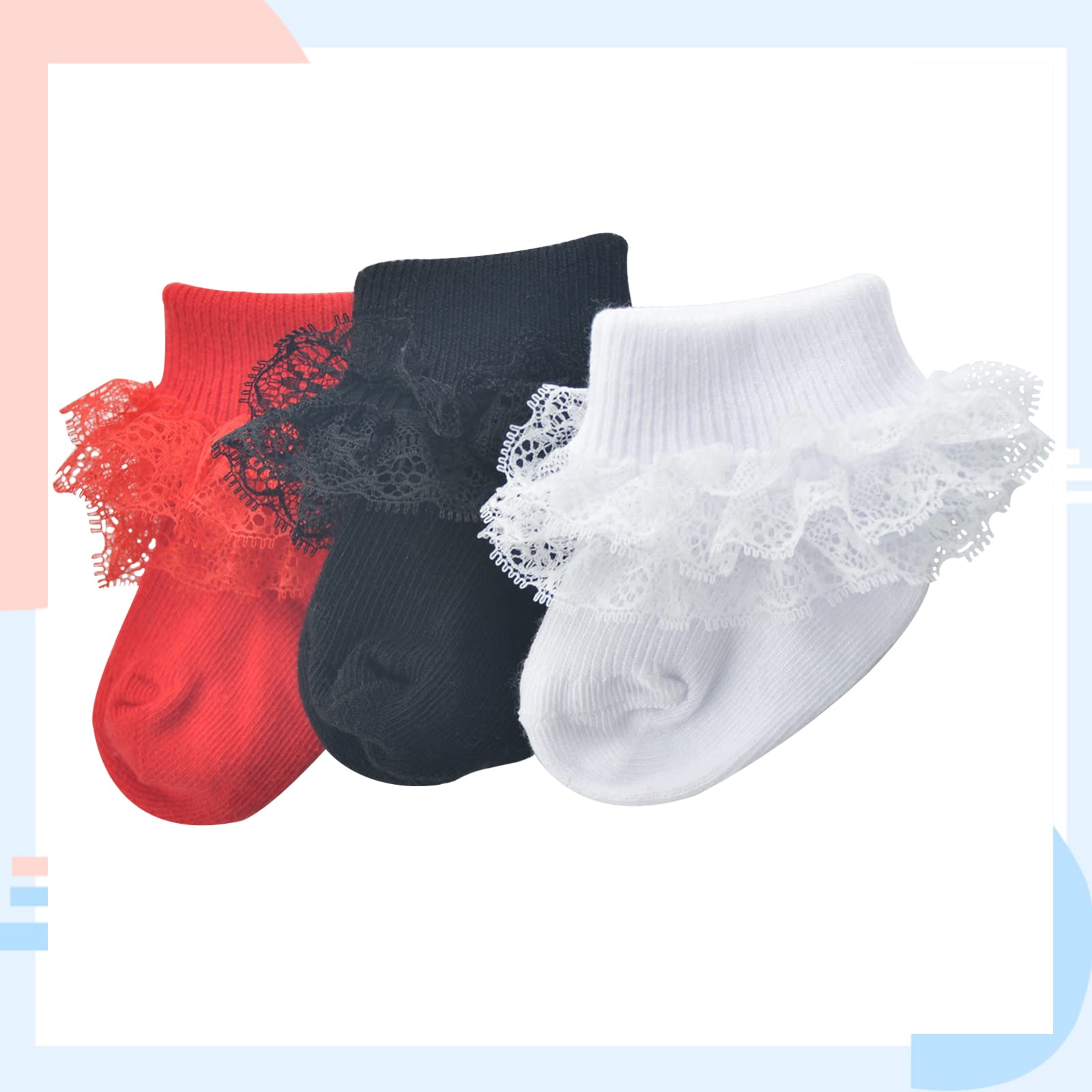 Adorable Baby Girl Socks with Eyelet Triple Lace Ruffles - 2/3/5 Pairs Ankle Dress Socks for Newborns, Infants & Toddlers - Perfect for Special Occasions, Photo Shoots & Everyday Wear