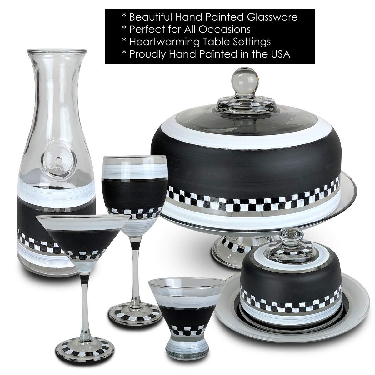 Hand Painted Cosmopolitan Glasses Set of 2 - Black & White Checkered Chalkboard Design - Unique Artisan Glassware by USA Artists - Customizable with Chalk - Perfect for Home Bar, Wedding Gifts & Party Decor