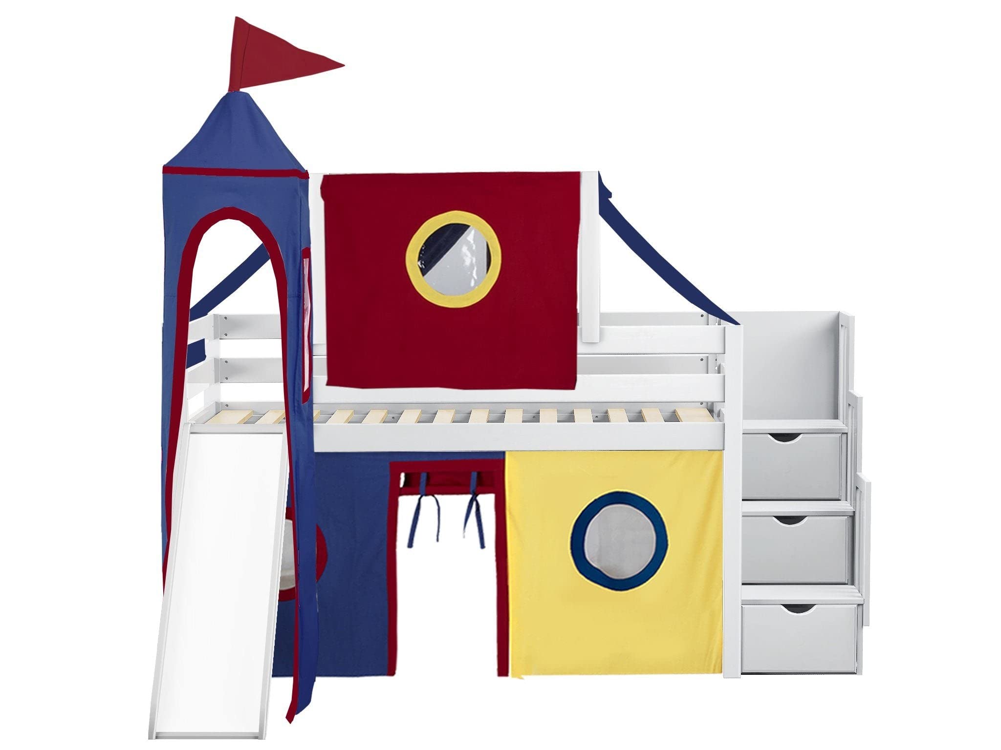 JACKPOT! White Twin Size Castle Low Loft Stairway Bed with Slide - Kids Playhouse Bed with Red & Blue Tent and Tower for Boys & Girls - Perfect for Bedroom, Playroom & Indoor Adventure