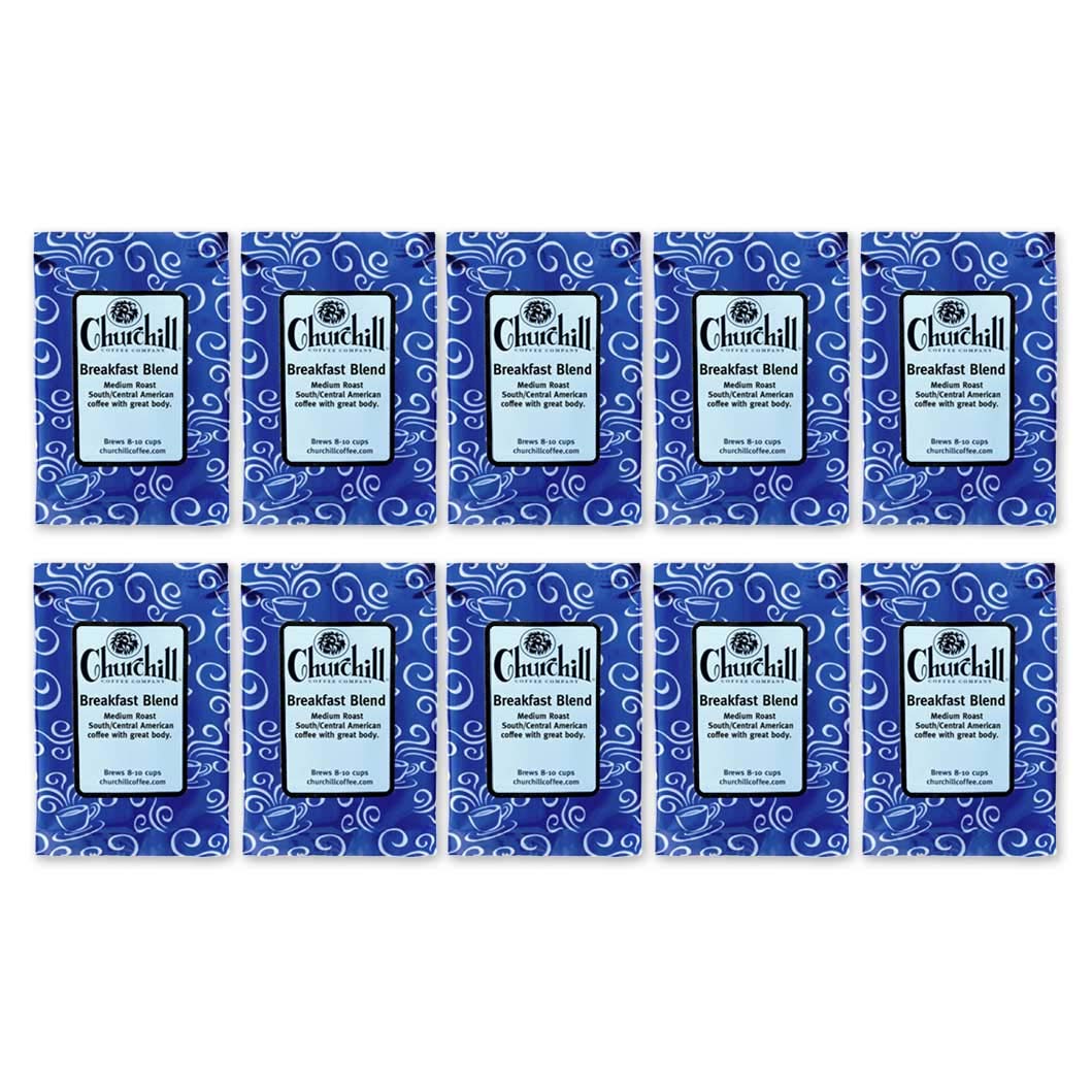 Churchill Coffee Breakfast Blend - 10 Single-Serve Portioned Packs (1.5 oz Each) - Fresh Ground Unflavored Coffee for Home, Office & Travel - Perfect for Morning Brew & Coffee Lovers