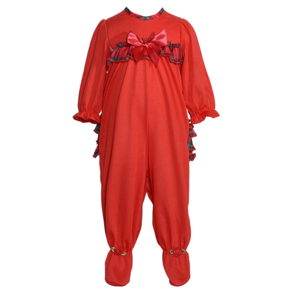 Laura Dare Baby Girls Holiday Red Frilly Footed Jumpsuit - Christmas Outfit with Red & Green Plaid - Perfect for Holiday Photos, Family Gatherings & Festive Celebrations
