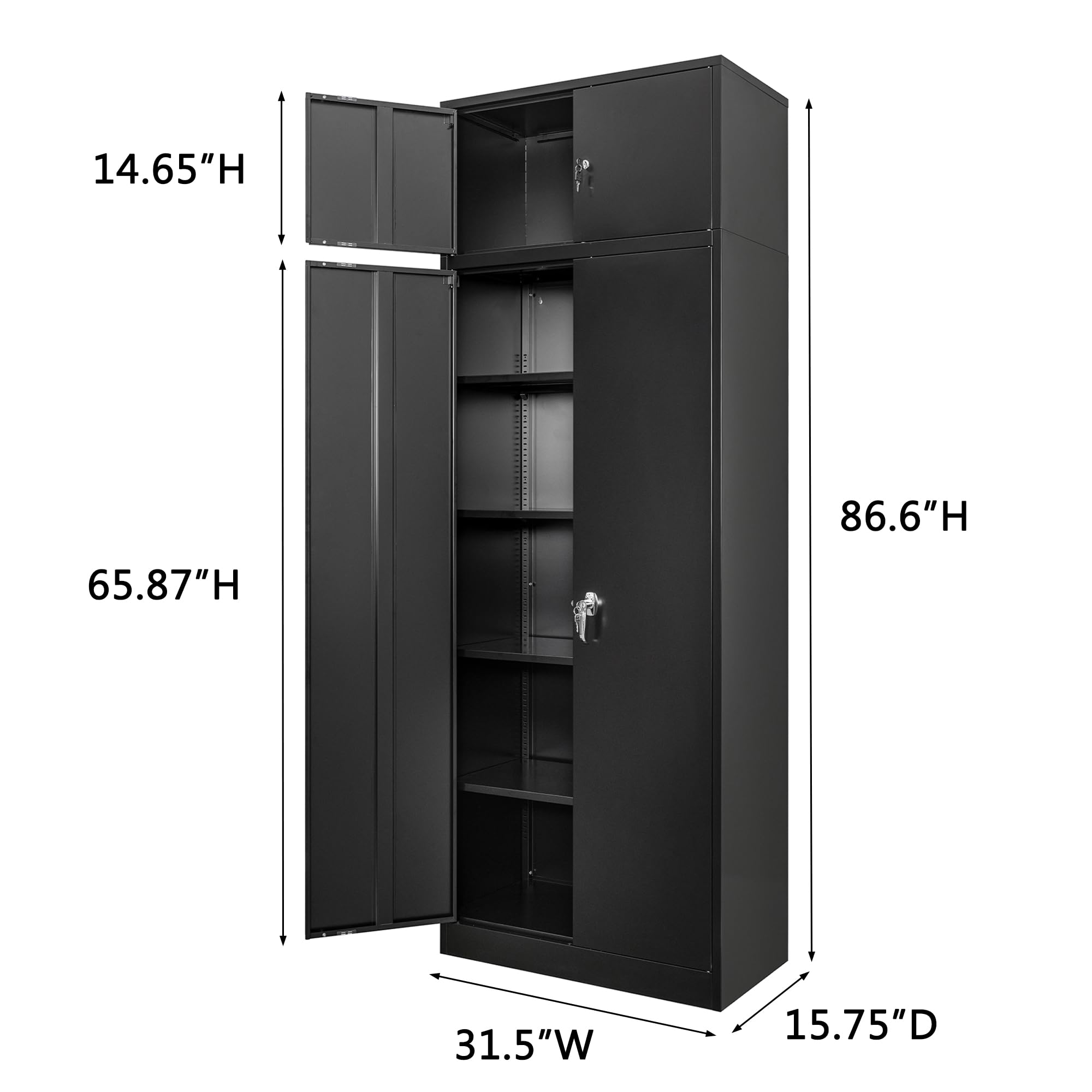 Metal Storage Cabinet with Lock - 2 Lockable Doors & 4 Adjustable Shelves for Garage, Office, Home, Gym, School | Heavy Duty Black Steel Organizer for Tools, Supplies & Pantry Items