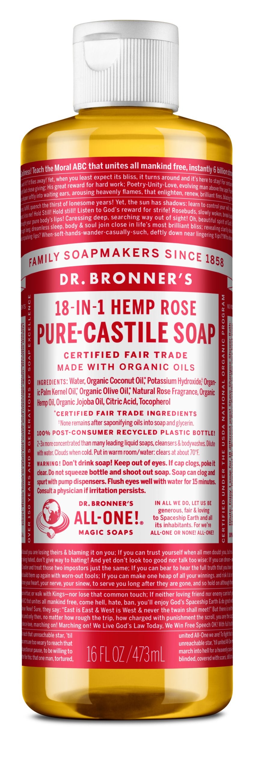 Dr. Bronner's Pure-Castile Liquid Soap - Organic Rose Scent (18-in-1 Uses: Body Wash, Face Cleanser, Shampoo & More) for Sensitive Skin & Eco-Friendly Home
