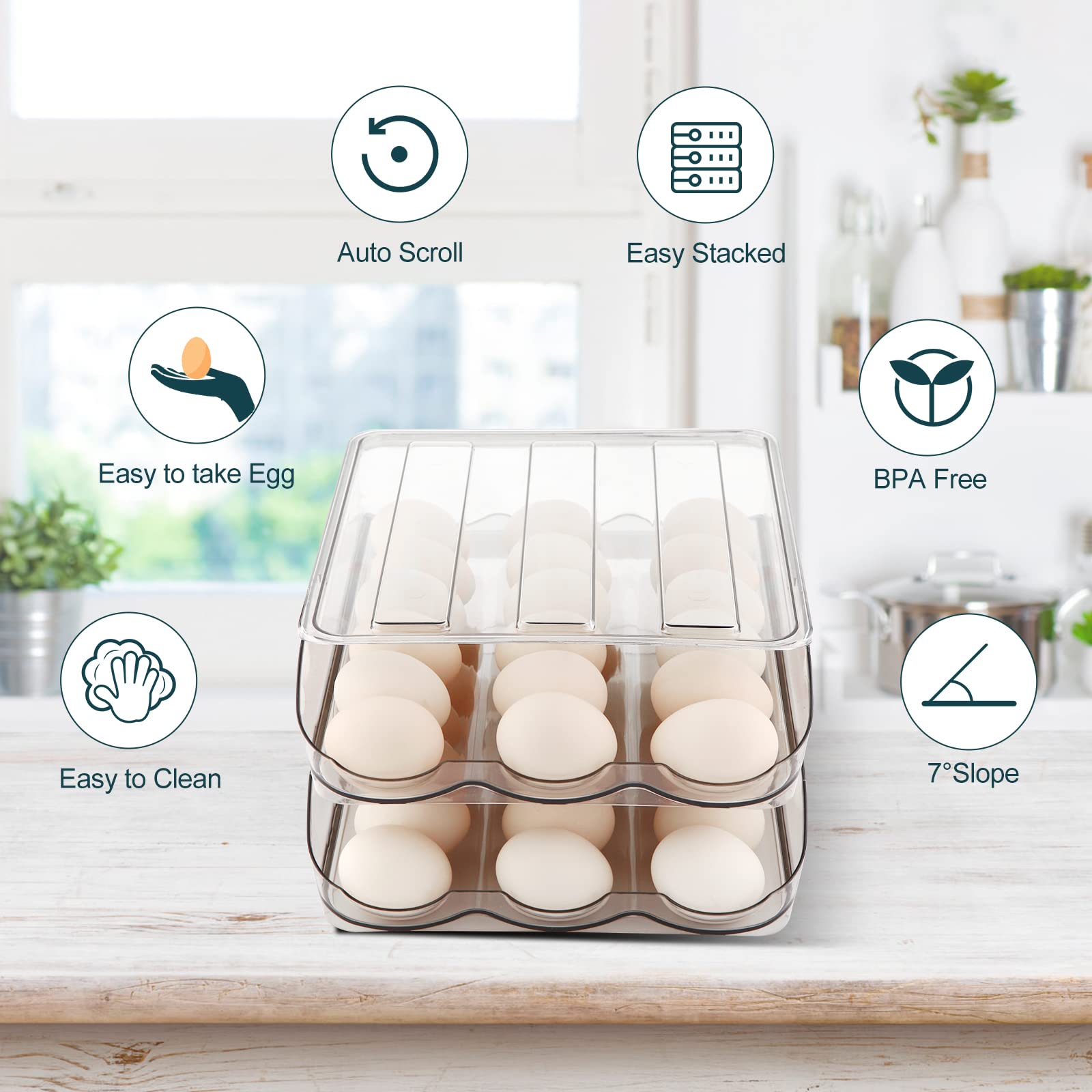 3-Tier Clear Plastic Egg Holder for Refrigerator - Automatic Rolling Egg Storage Container with Lid, Egg Organizer & Dispenser Tray - Perfect for Kitchen Organization & Fresh Egg Storage