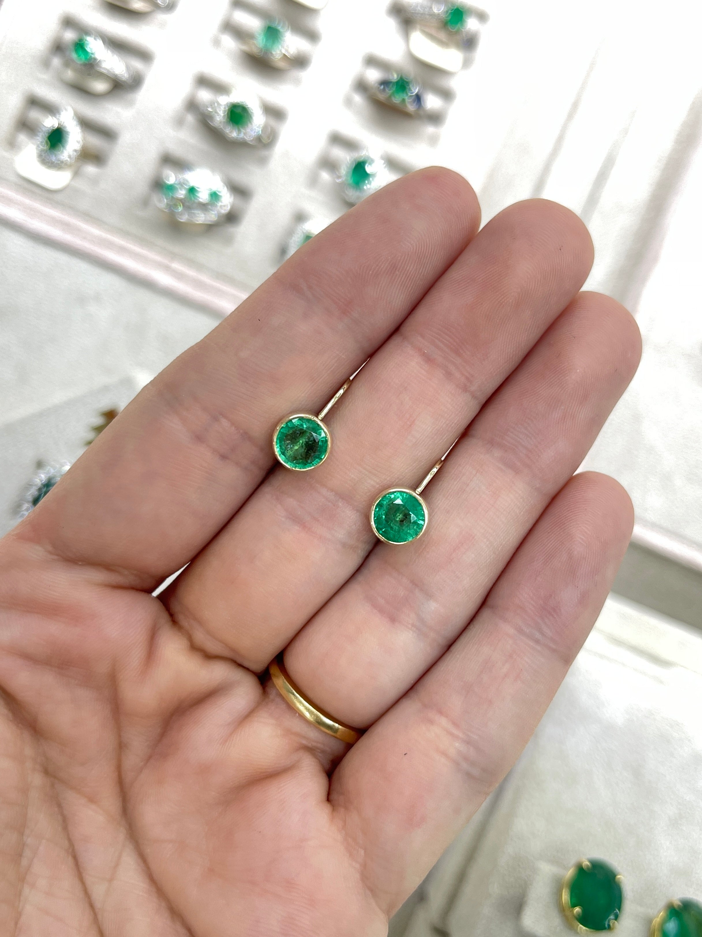2.30tcw Round Emerald Bezel Leverback Earrings in 14K Gold - Elegant Dangle Earrings for Women, Perfect for Weddings, Parties & Special Occasions