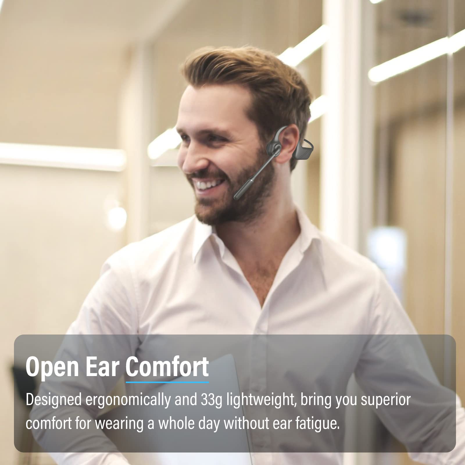 MONODEAL Bluetooth 5.3 Bone Conduction Headphones with Noise-Canceling Boom Mic - Open Ear Wireless Headset for Work, Driving, Home Office & Commercial Use - Perfect for Conference Calls, Gym Workouts & Outdoor Activities