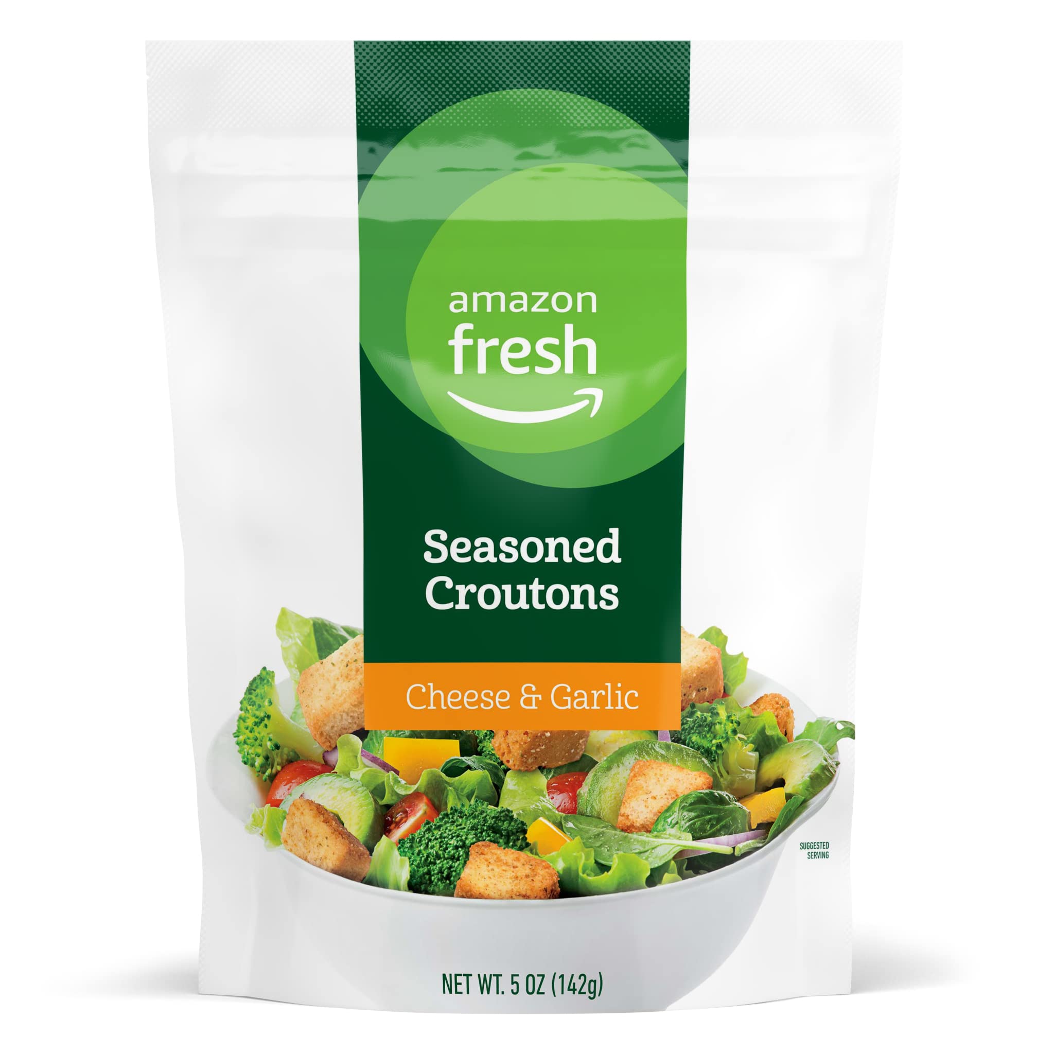 Amazon Fresh Seasoned Croutons - Cheese & Garlic Flavor (5 Oz) | Perfect for Salads, Soups & Snacking | Crunchy Bread Topping for Caesar Salad & More