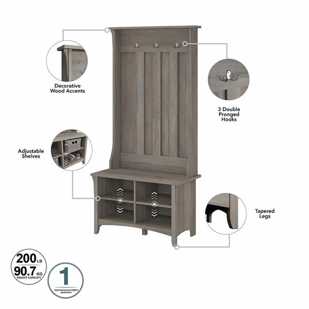 BOWERY HILL Salinas Hall Tree with Shoe Storage - Driftwood Gray Entryway Organizer for Coats, Hats & Shoes | Perfect for Mudrooms, Foyers & Small Spaces