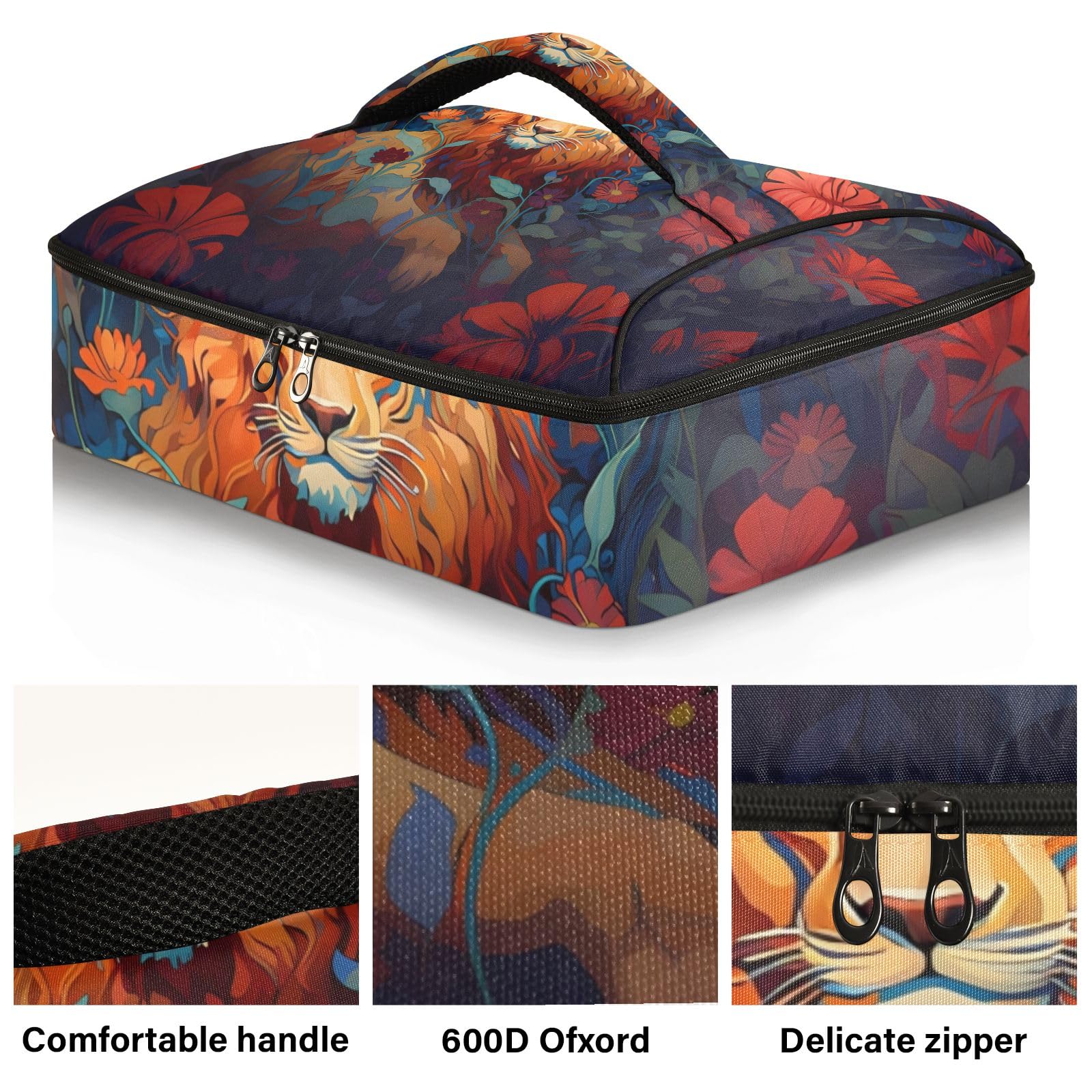 Insulated Casserole Carrier Bag for Hot & Cold Food - Lion Flower Design with Dish Storage - Perfect for Potluck Parties, Picnics & Family Gatherings