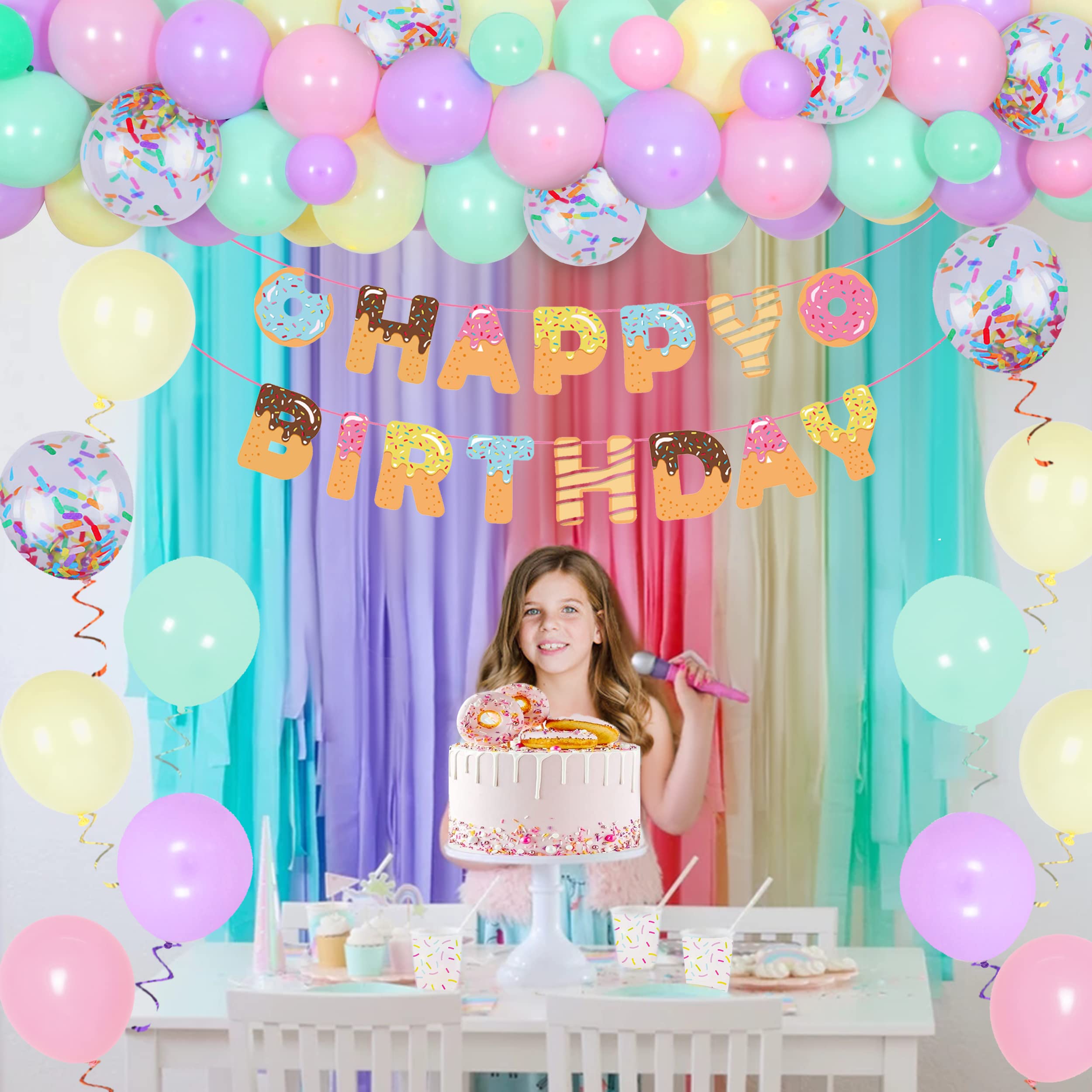 Donut 4th Birthday Party Decorations Set - Four Ever Sweet Theme for Girls, Doughnut Balloon Arch & Happy Birthday Banner - Perfect for 4 Year Old's Party, Baby Shower, or Dessert-Themed Celebration