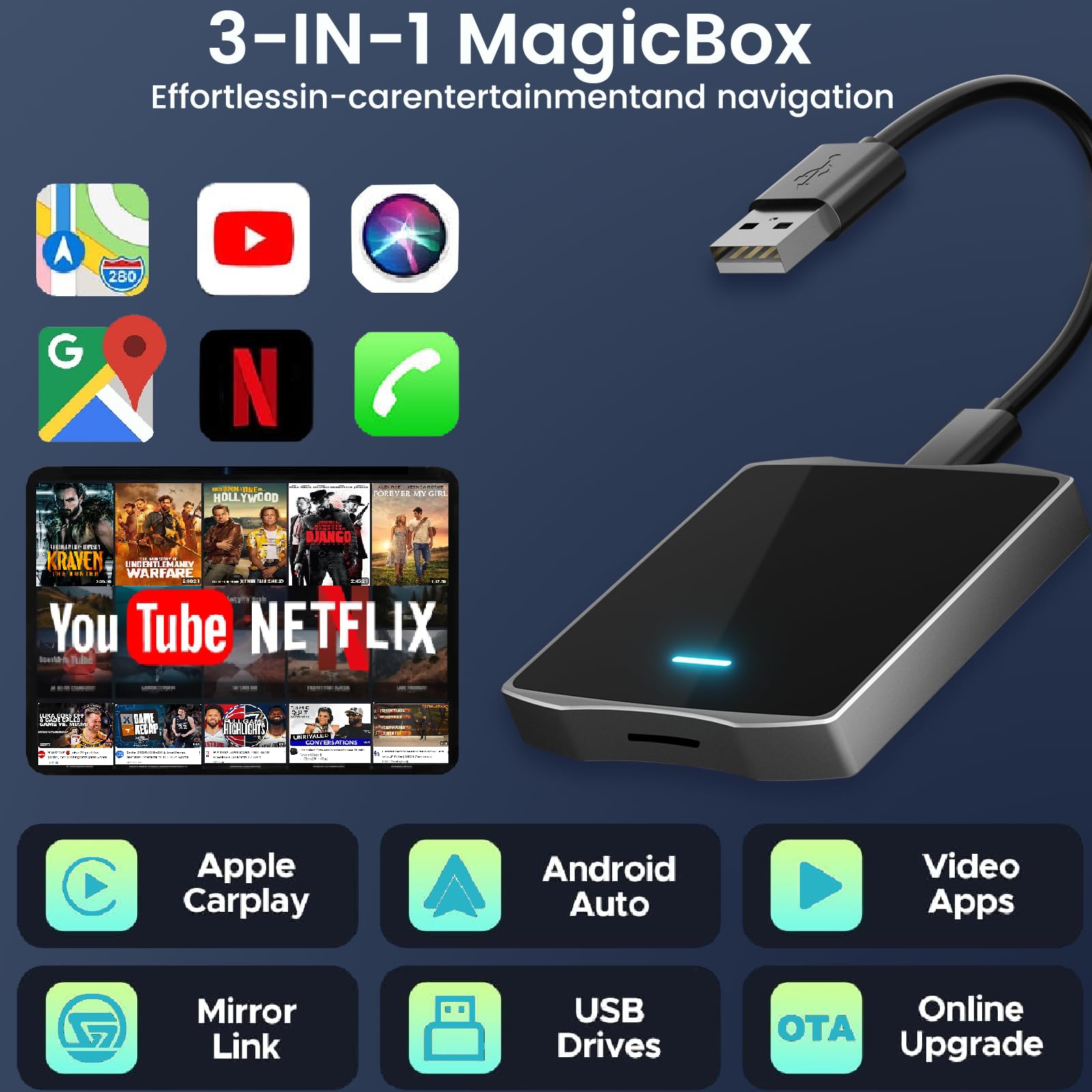 2025 Upgraded Wireless CarPlay Adapter - Plug & Play Apple CarPlay & Android Auto Dongle with Netflix/YouTube Support & TF Card Slot | For Seamless In-Car Entertainment & Navigation