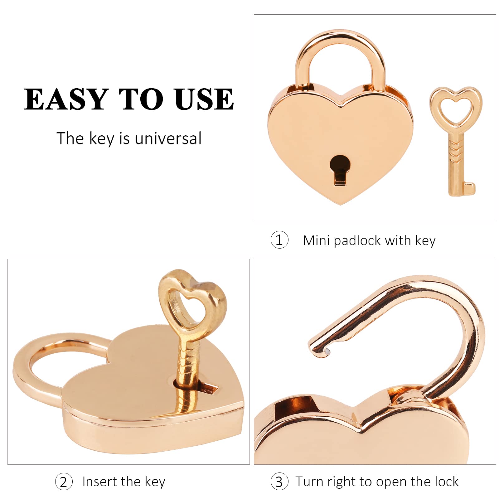 VerRich 2Pcs Golden Heart Shaped Padlock Mini Locks with Keys - Secure Your Handbag, Jewelry Box, Storage Box & Diary Book | Perfect for Valentine's Gifts, Travel Accessories & Home Organization
